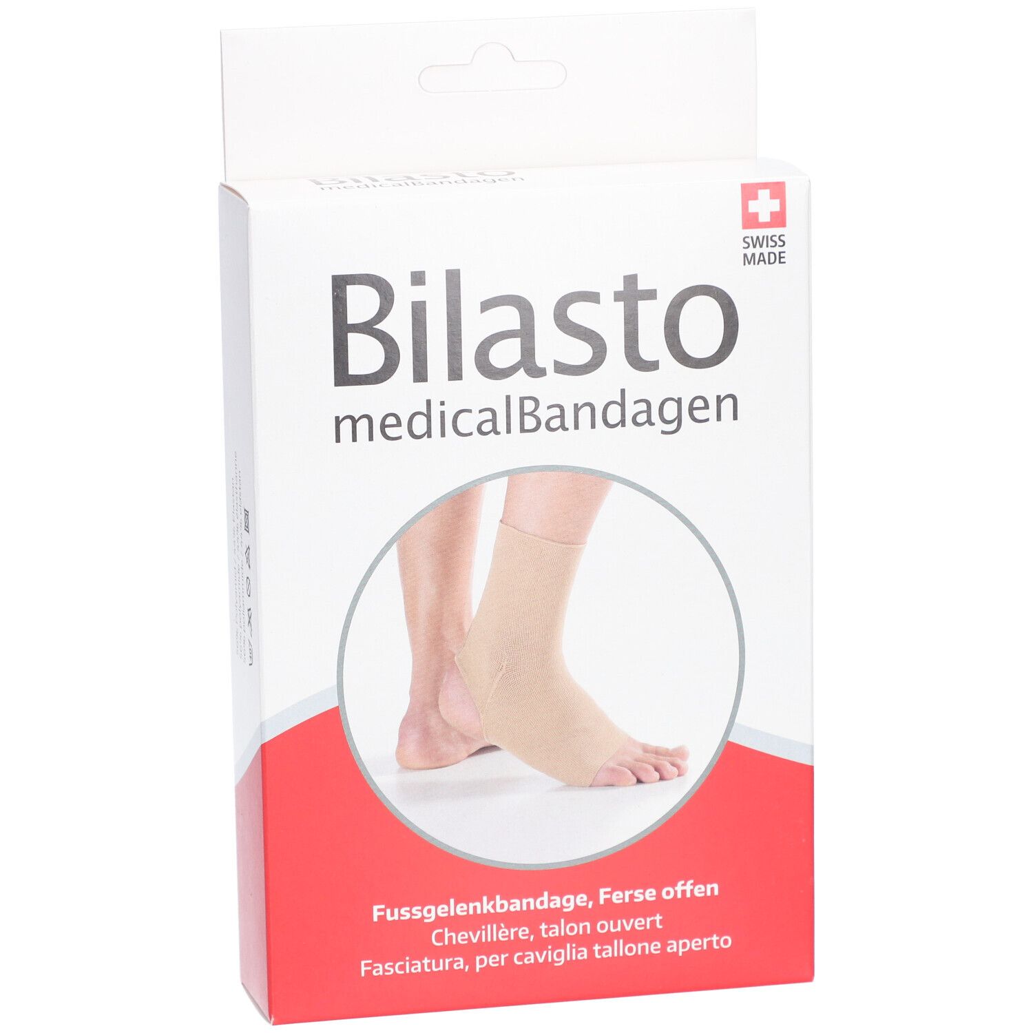 Verpakking van medisch bandage Bilasto. Enkelbrace, open hiel. Swiss Made. Illustratie van voet.