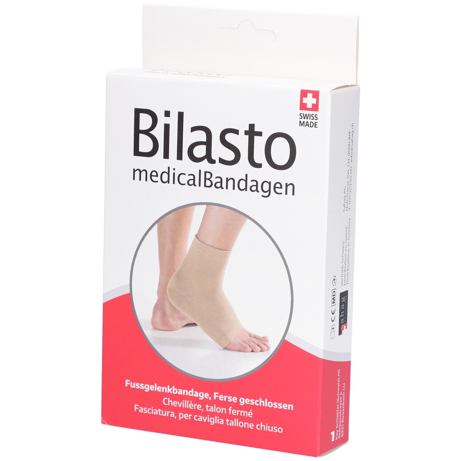 Boîte de la chevillère BILASTO. Bandage beige sur un pied. Texte: medicalBandagen, Swiss Made.