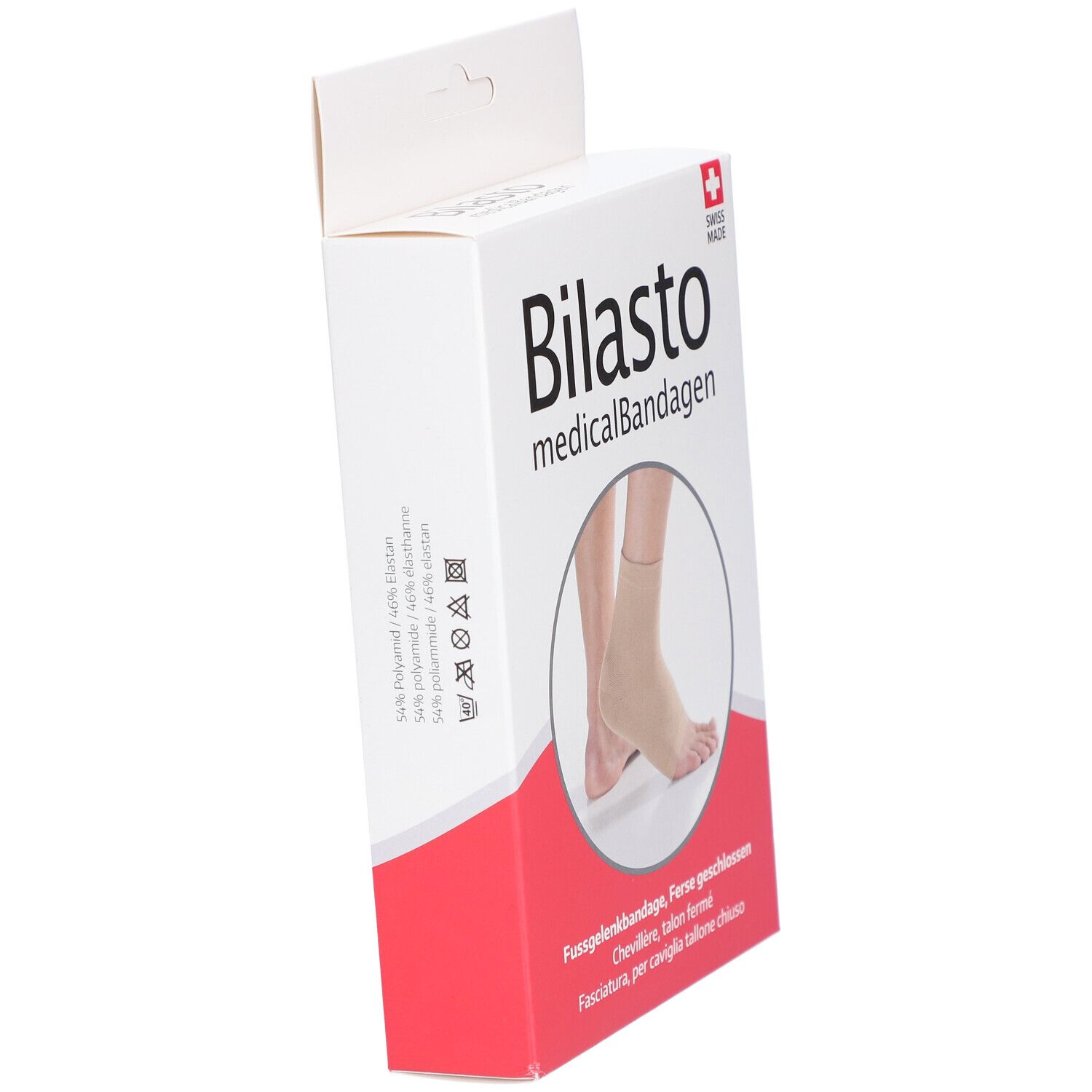 Boîte de la chevillère BILASTO, vue latérale. Texte: medicalBandagen, Swiss Made. Détails rouges et blancs.