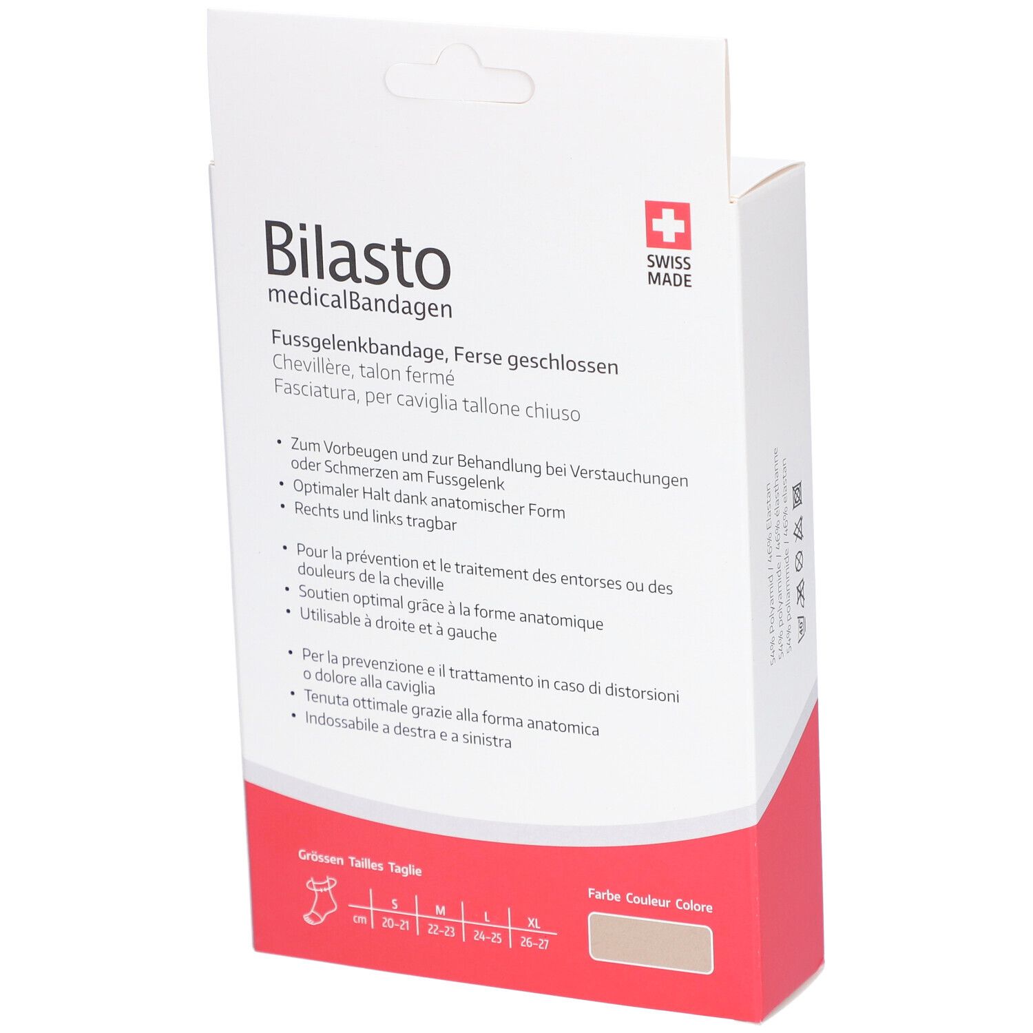 Dos de la boîte de la chevillère BILASTO. Texte: medicalBandagen, Swiss Made. Informations de taille et description.