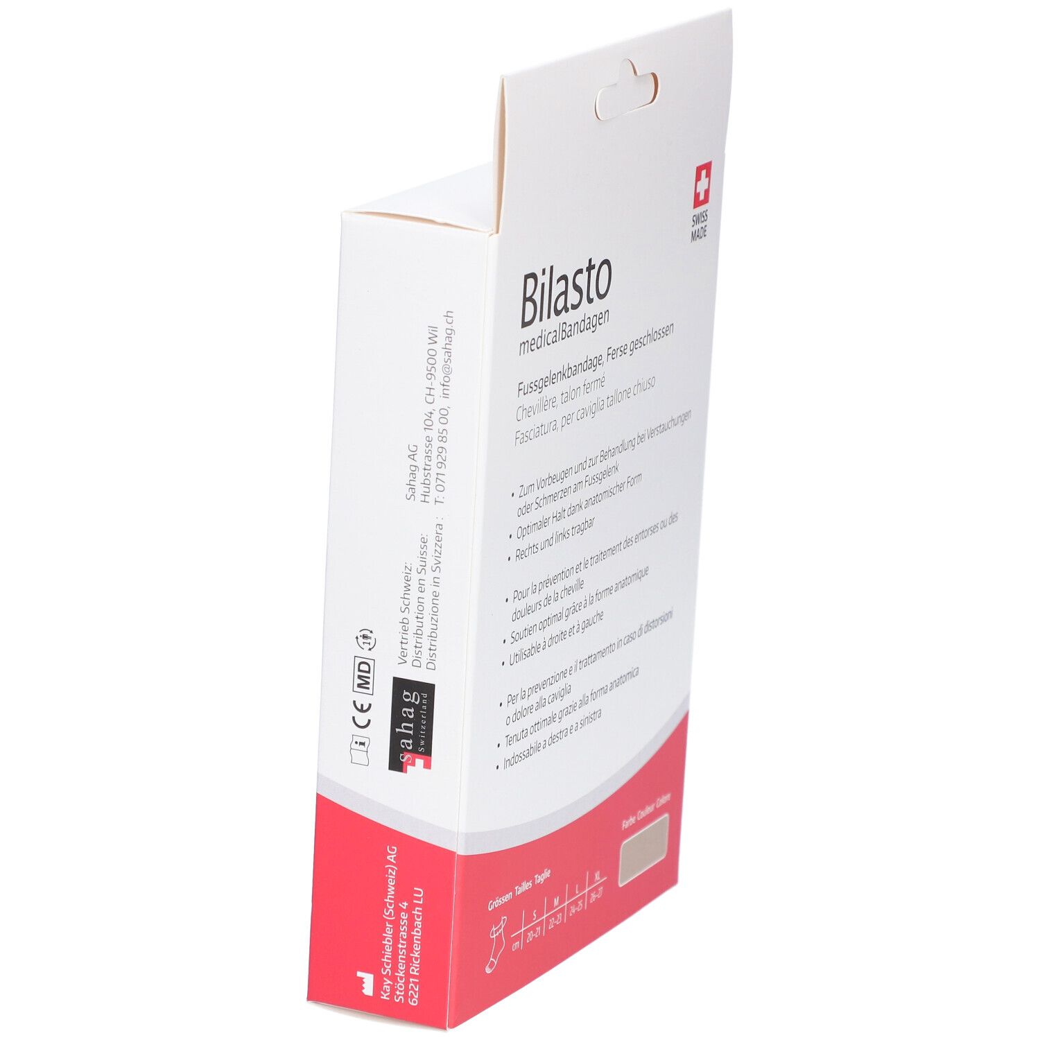 Vue latérale de la boîte de la chevillère BILASTO. Texte: medicalBandagen, Swiss Made. Informations du fabricant.