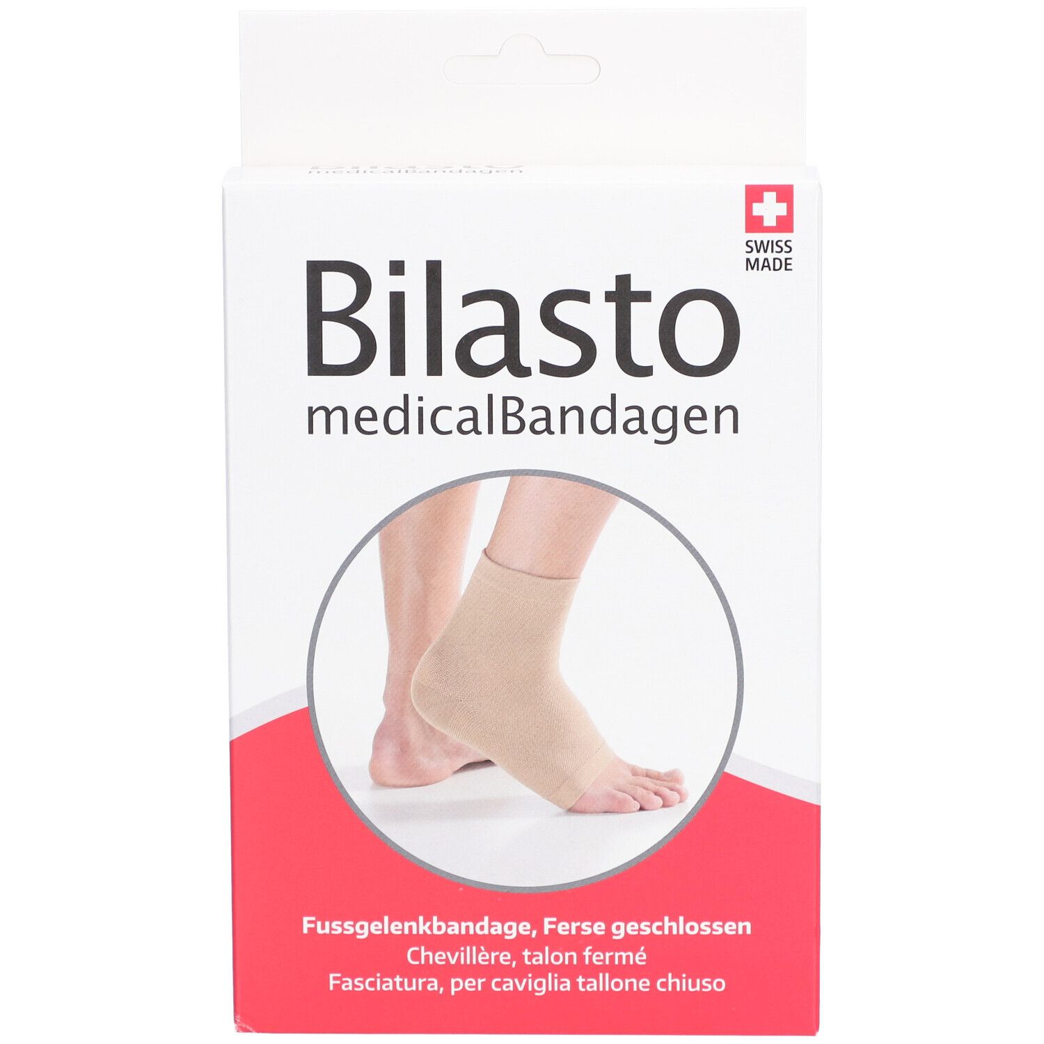 Boîte de la chevillère BILASTO. Bandage beige sur un pied. Texte: medicalBandagen, Swiss Made.