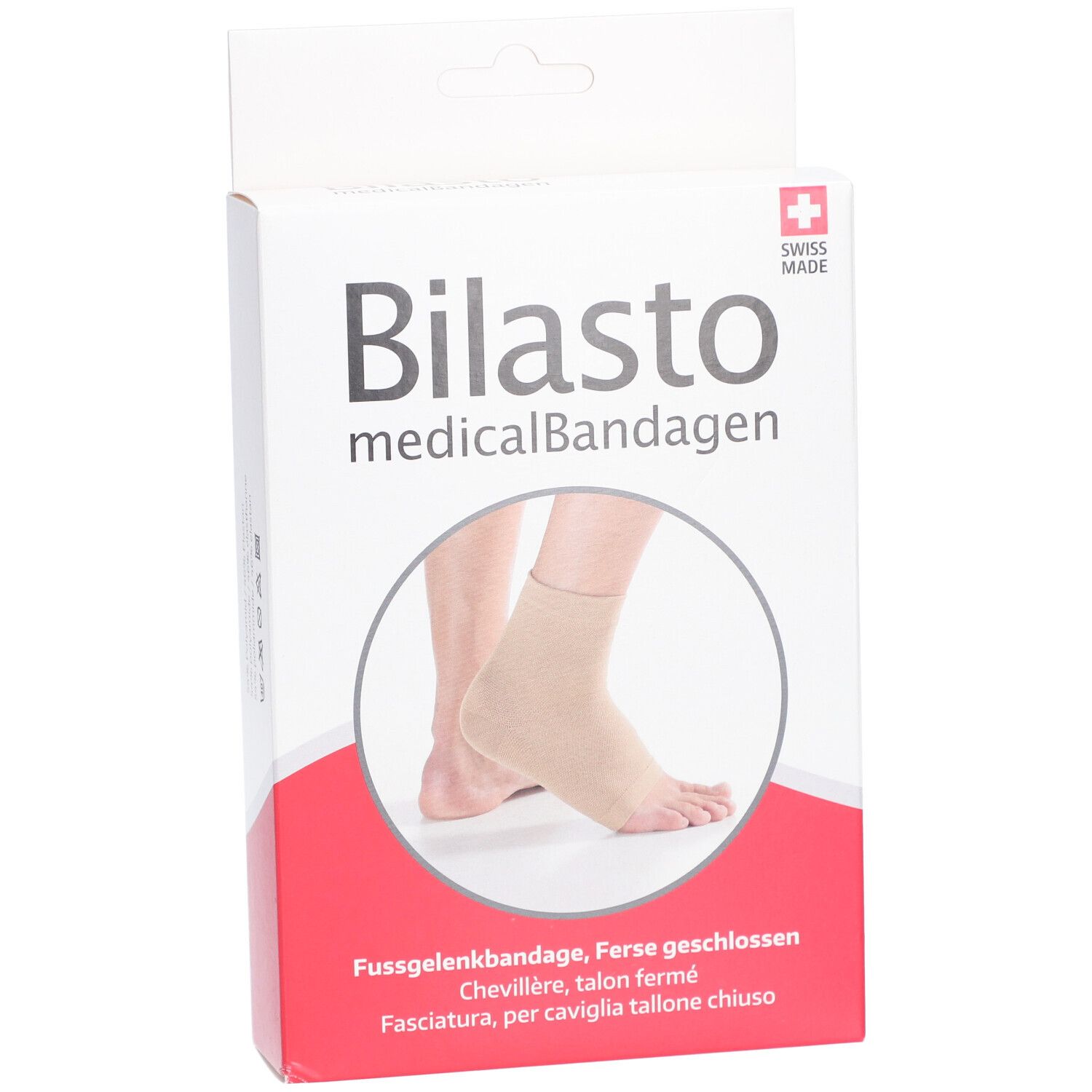 Boîte de la chevillère BILASTO. Bandage beige sur un pied. Texte: medicalBandagen, Swiss Made.
