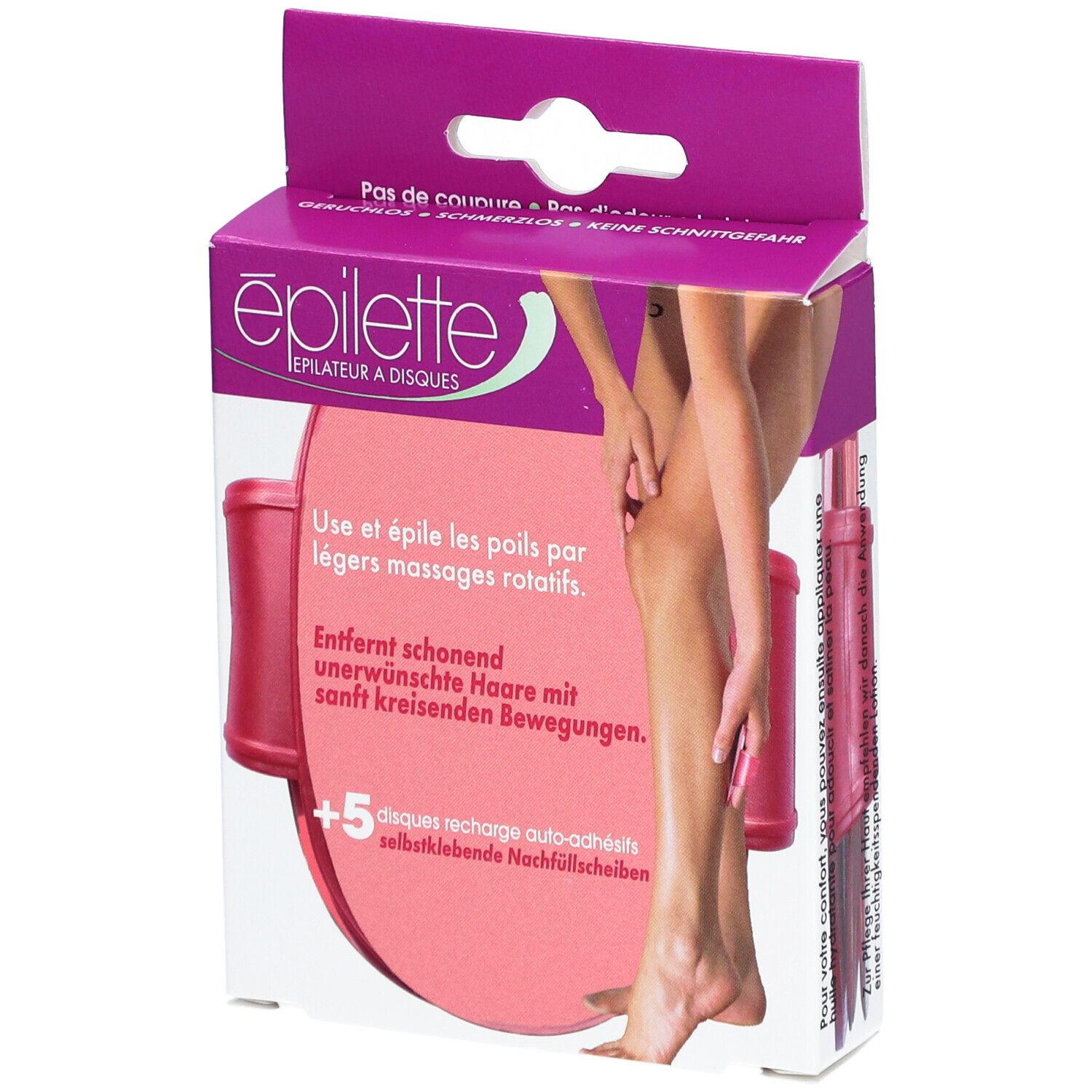 Verpakking van EPILETTE Épilateur à disques. Roze product met beenillustratie. Tekst: +5 zelfklevende navulschijven.
