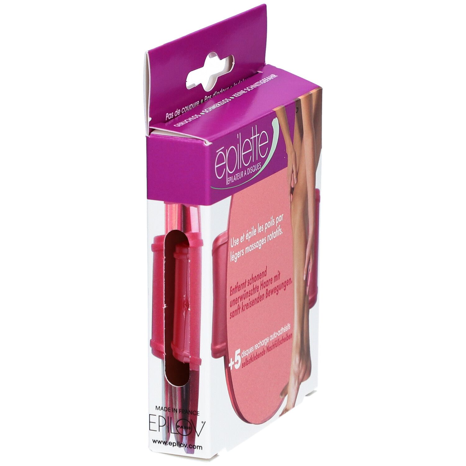 EPILETTE Épilateur à disques verpakking, zijaanzicht. Roze product met beenillustratie. Tekst: EPILETTE, www.epil.eu.