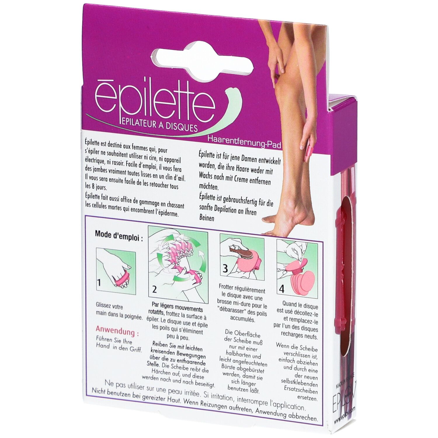 Achterkant van de EPILETTE Épilateur à disques verpakking. Illustraties en tekst over gebruik. Tekst: Haarentfernungs-Pad.