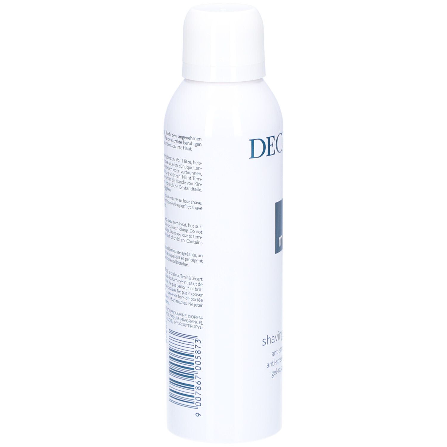 Wit scheergelflesje, zijaanzicht. Tekst en barcode op de achterkant. DECLARÉ-logo zichtbaar.