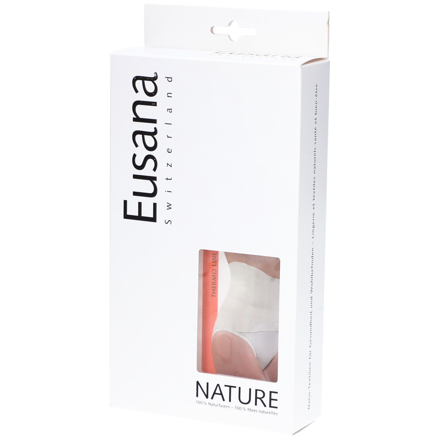 Emballage blanc avec fenêtre. Logo Eusana. Image du produit dans la fenêtre. Inscription NATURE.