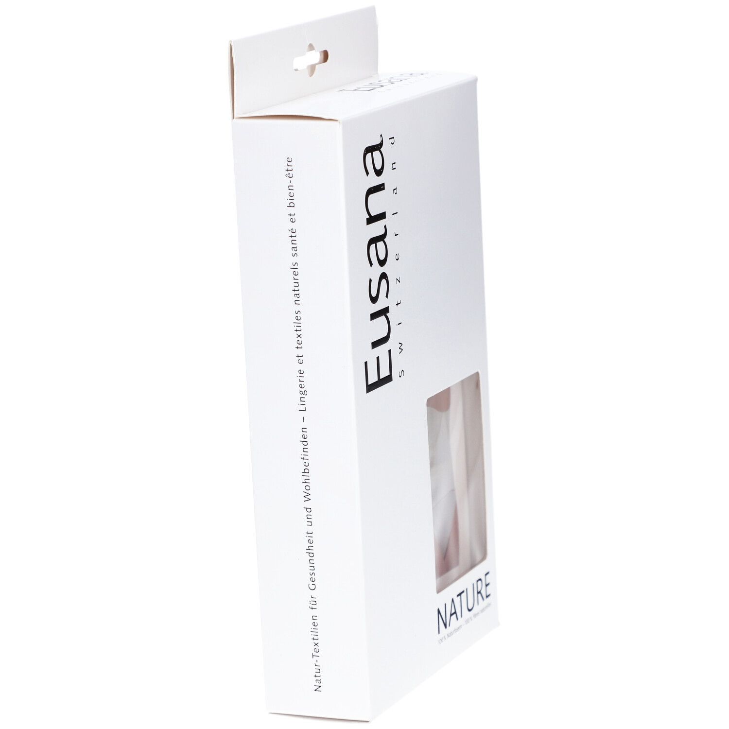 Emballage blanc incliné avec fenêtre. Logo Eusana. Inscription NATURE. Texte: Textiles naturels pour la santé.