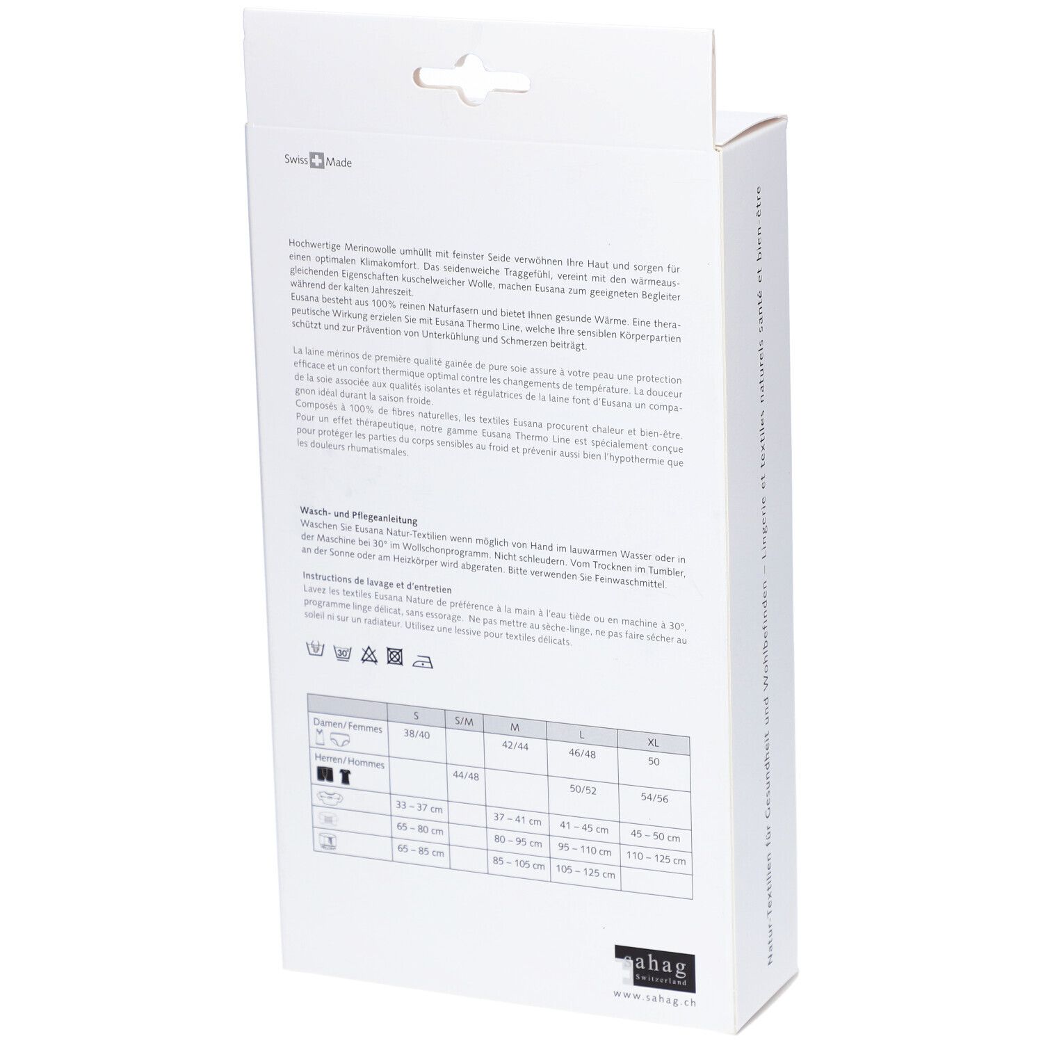 Dos de l'emballage blanc. Texte en allemand et français. Tailles S-XL. Symboles de lavage.