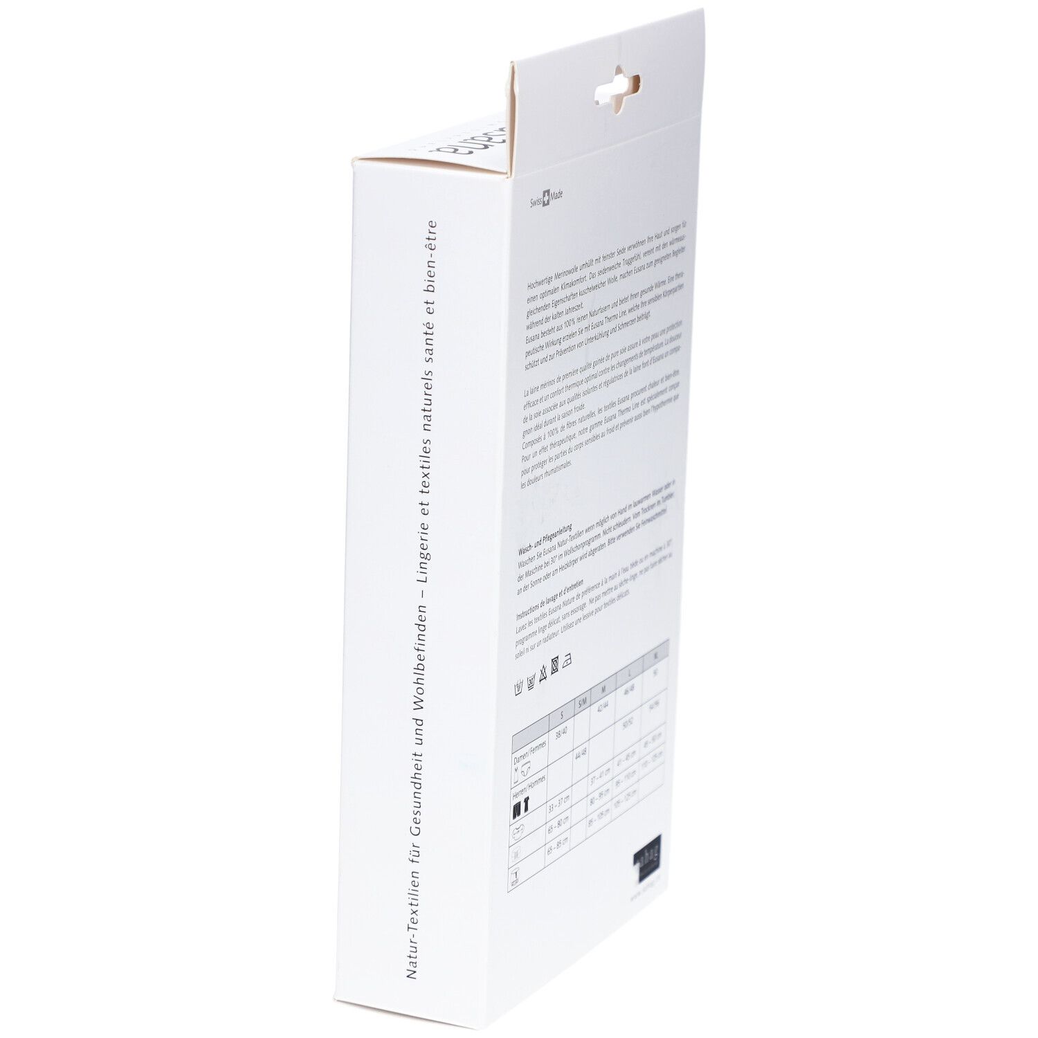 Emballage blanc étroit. Texte: Textiles naturels pour la santé. Logo Eusana. Texte et symboles de lavage.