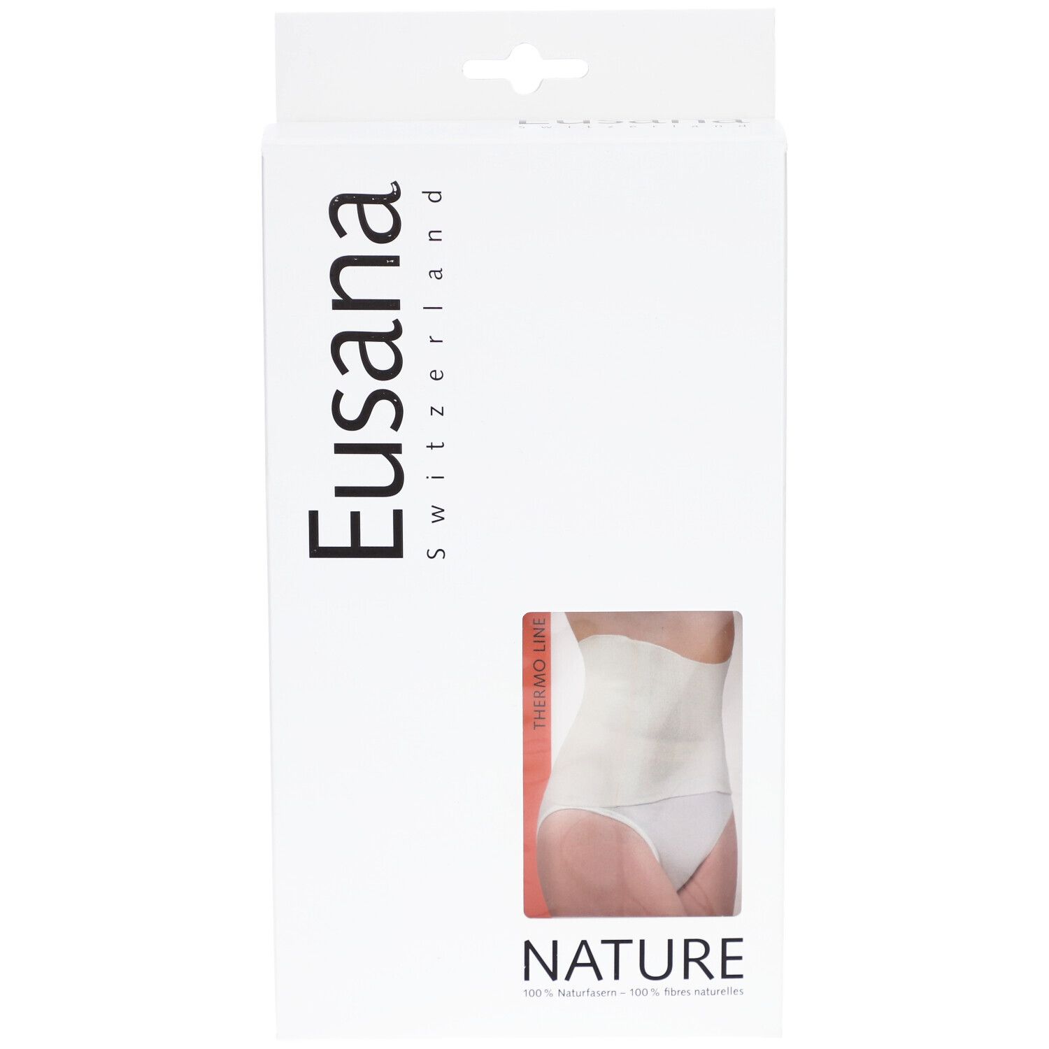 Emballage blanc avec fenêtre. Logo Eusana. Image du produit dans la fenêtre. Inscription NATURE. Thermo Line.