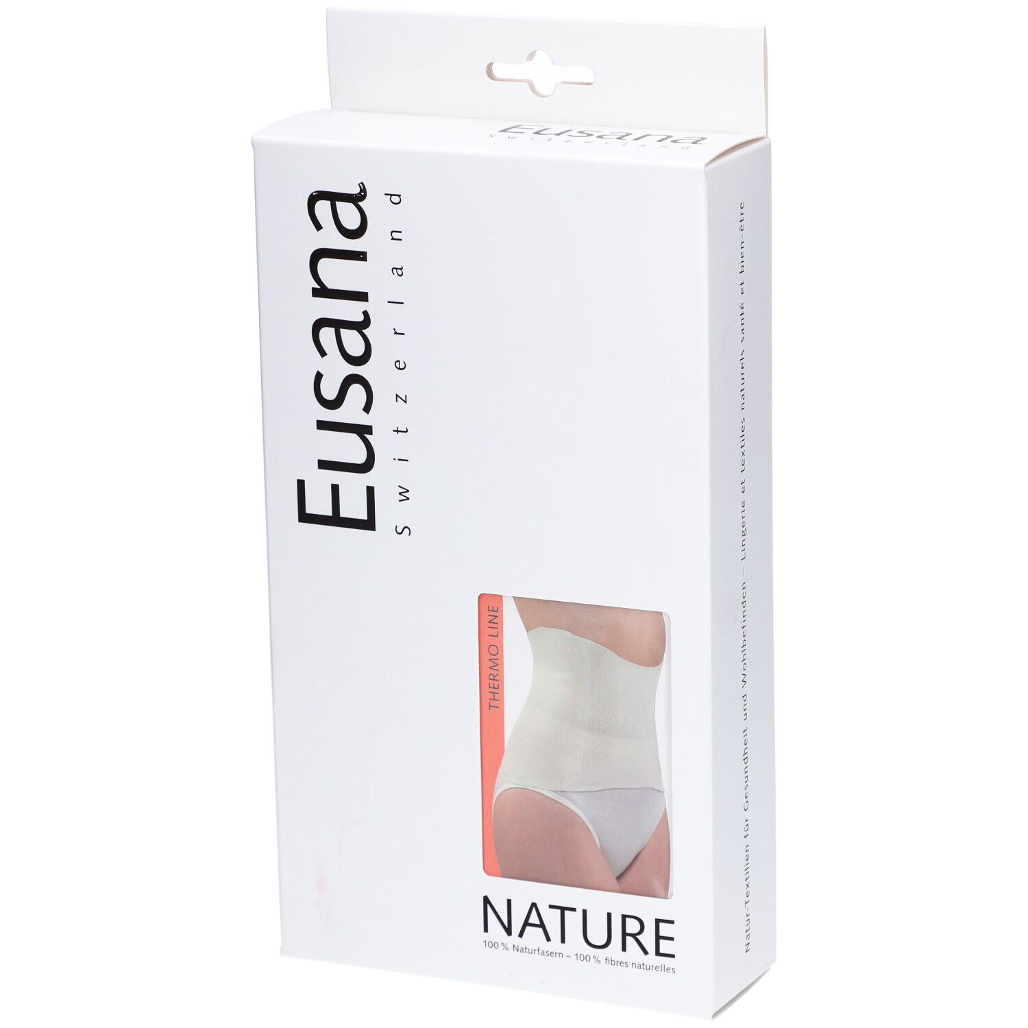 Emballage blanc avec fenêtre. Bande abdominale beige visible. Marque : Eusana.