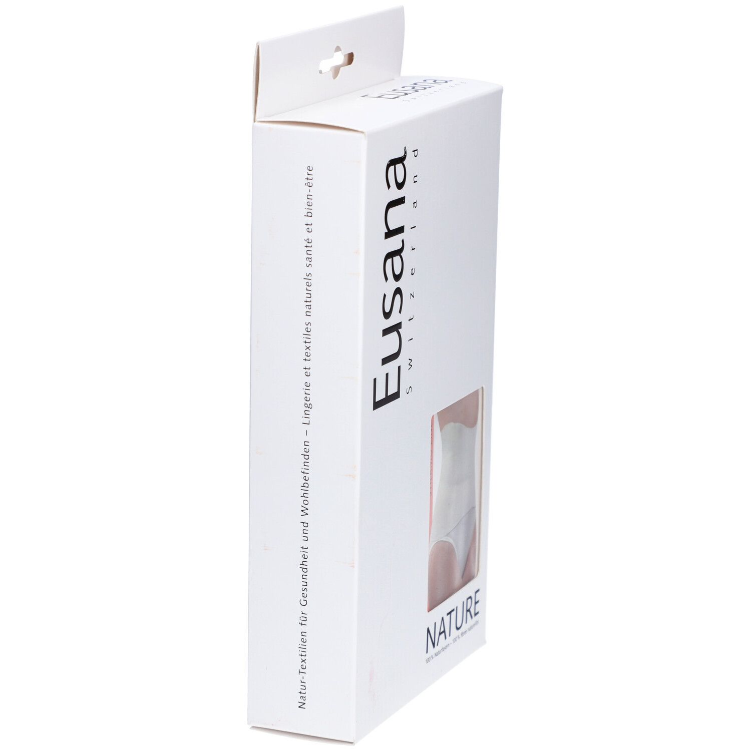 Emballage blanc, vue latérale. Marque : Eusana. Fenêtre avec bande abdominale.