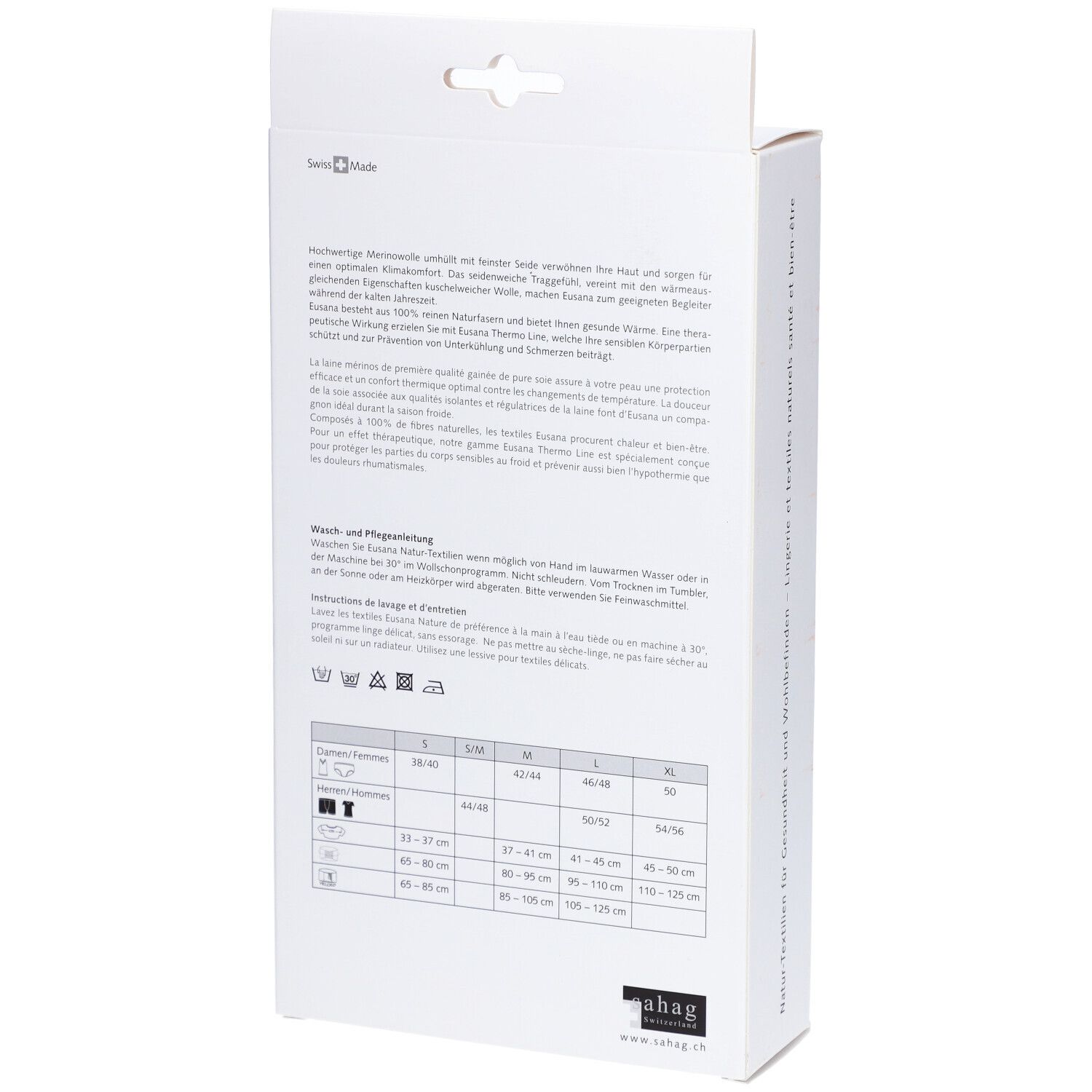 Dos de l'emballage. Texte multilingue. Tableau des tailles et instructions d'entretien.