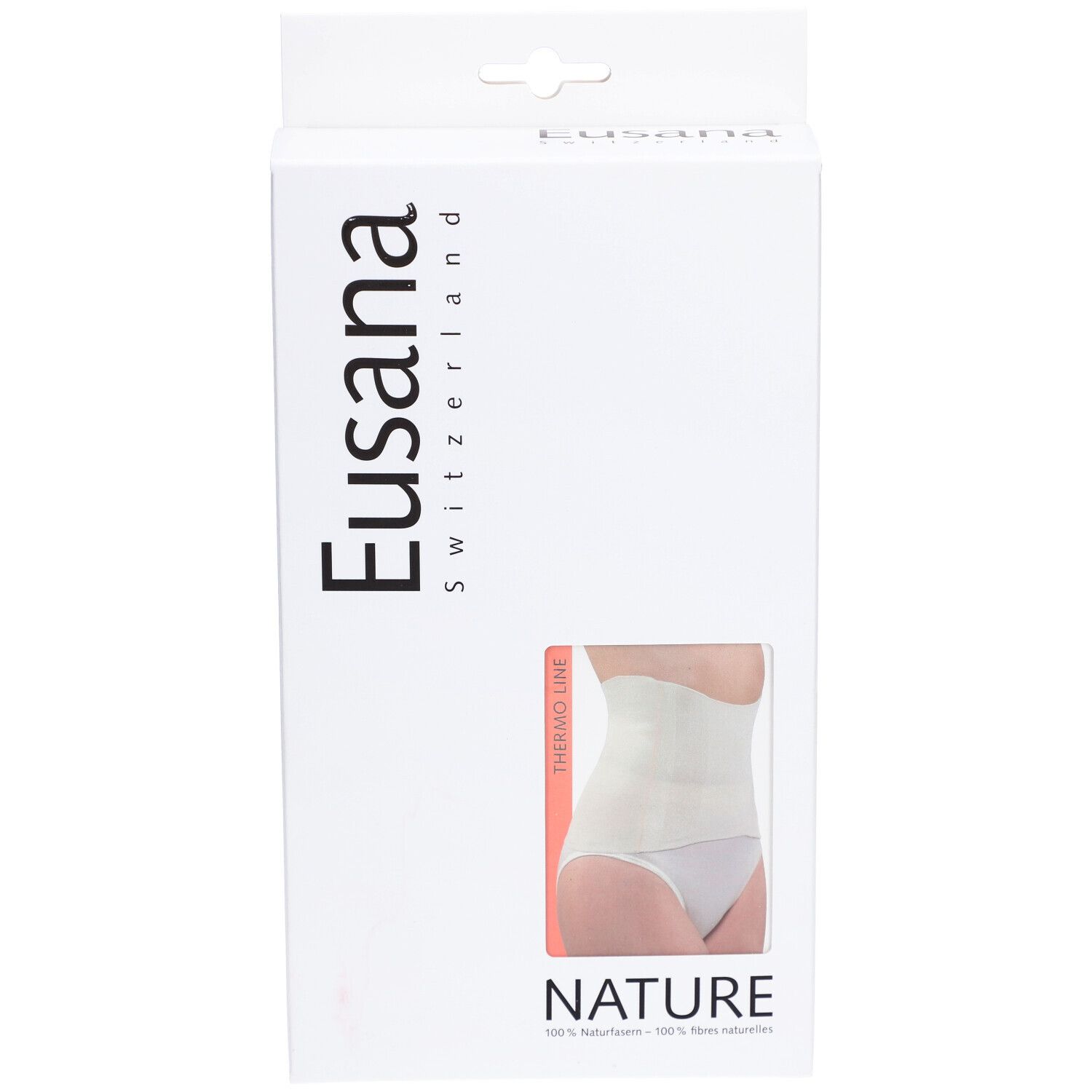 Emballage blanc avec fenêtre. Bande abdominale beige visible. Marque : Eusana.