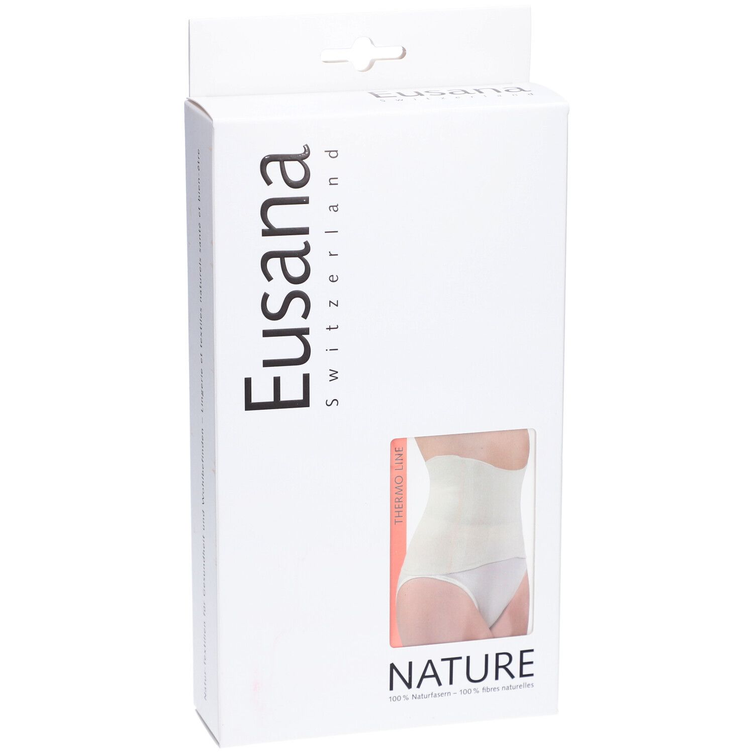 Emballage blanc avec fenêtre. Bande abdominale beige visible. Marque : Eusana.