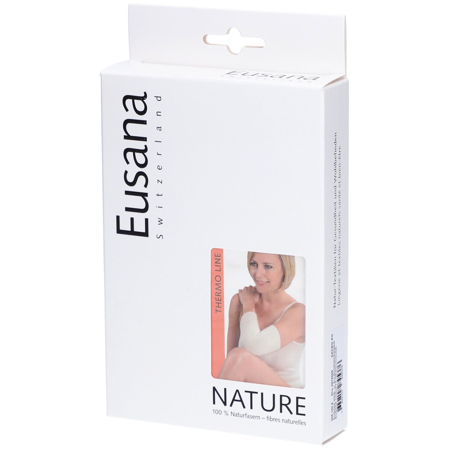Verpakking met productafbeelding. Merk Eusana, tekst "NATURE". Product: EUSANA Chauffe-Coude Thermo L Ivoire.