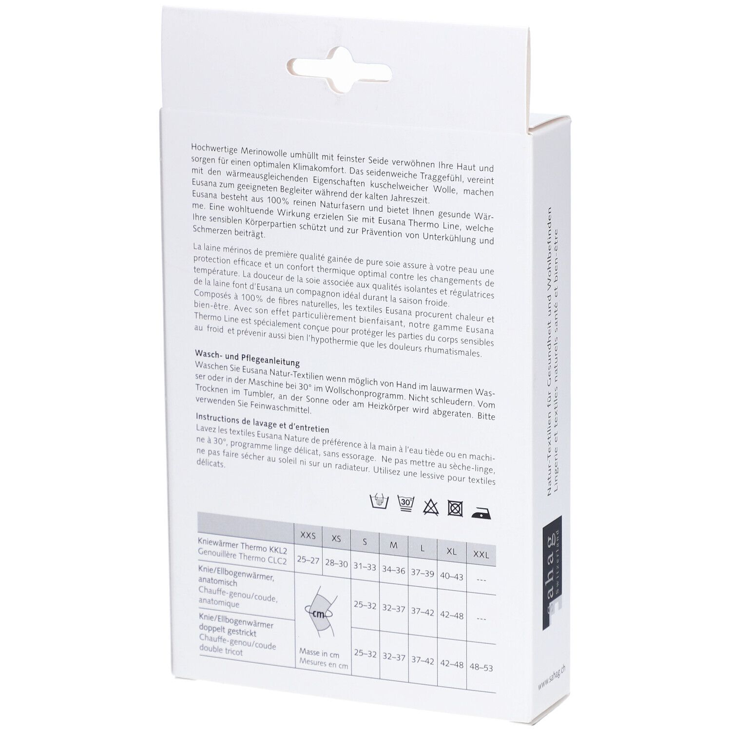 Achterkant van de verpakking. Tekstinformatie, maattabel. Product: EUSANA Chauffe-Coude Thermo L Ivoire.