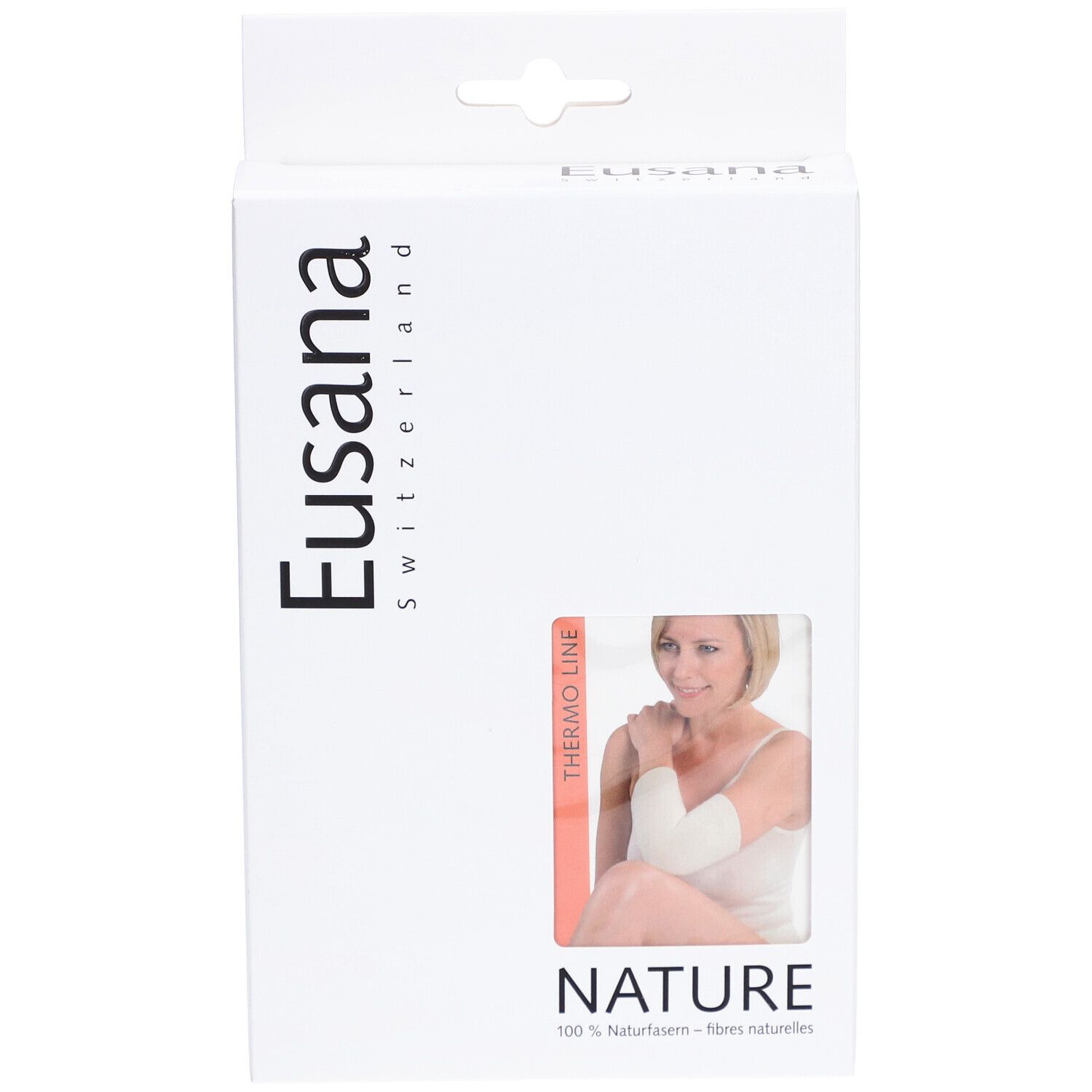 Verpakking met productafbeelding. Merk Eusana, tekst "NATURE". Product: EUSANA Chauffe-Coude Thermo L Ivoire.