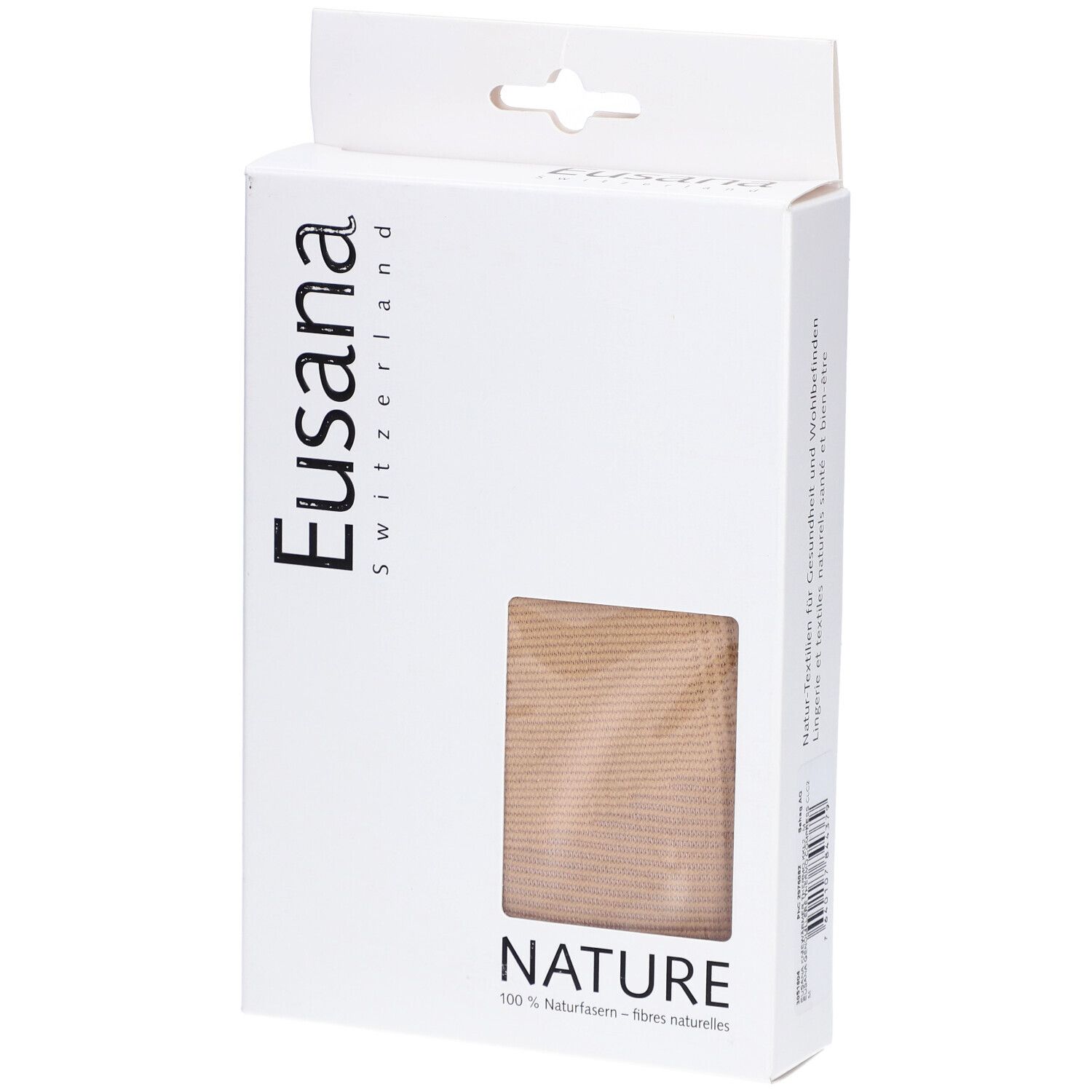 Emballage avec fenêtre. Marque Eusana, texte NATURE, 100% fibres naturelles. Produit beige visible.