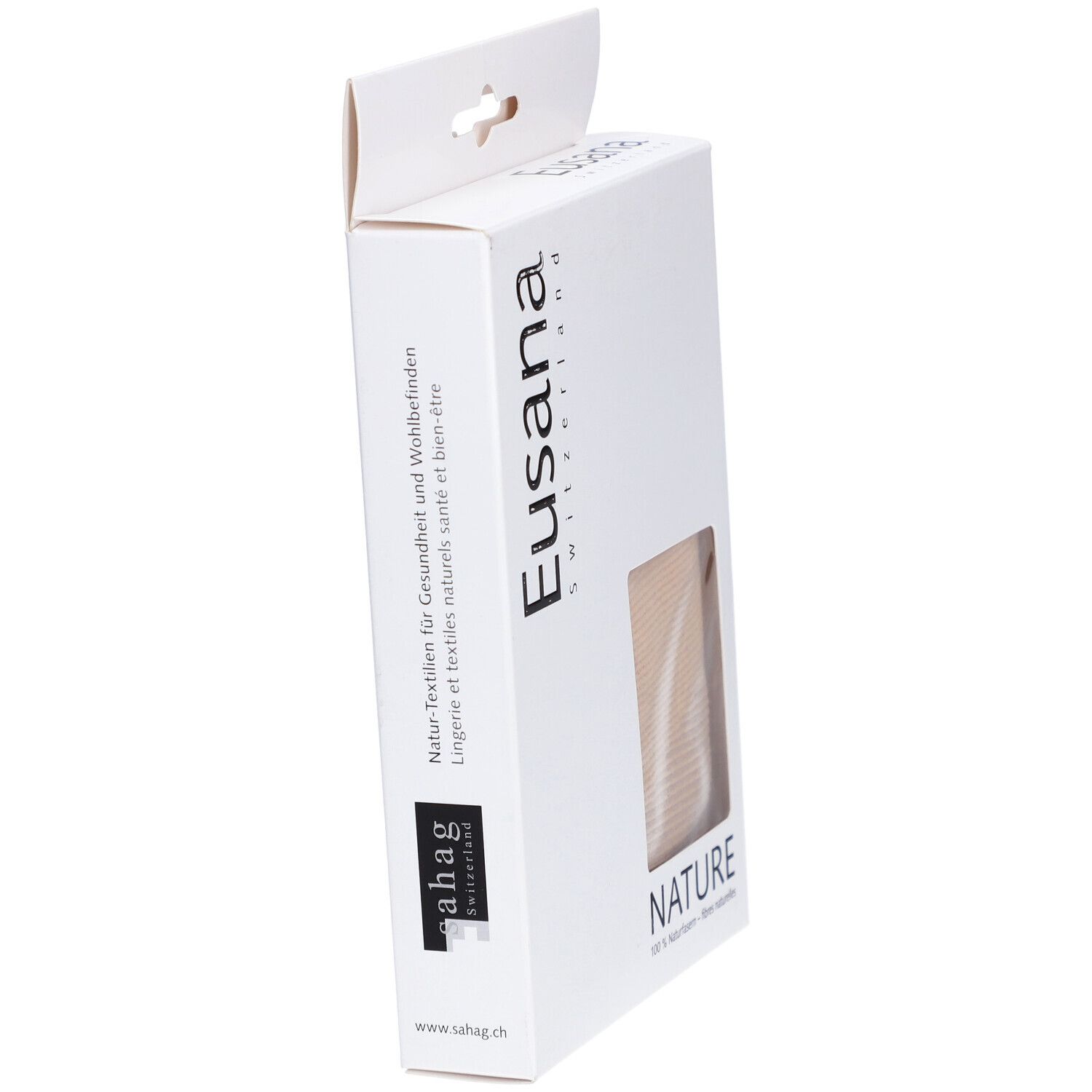 Emballage, marque Eusana. Fenêtre avec produit beige. Texte: Textiles naturels pour la santé et le bien-être.