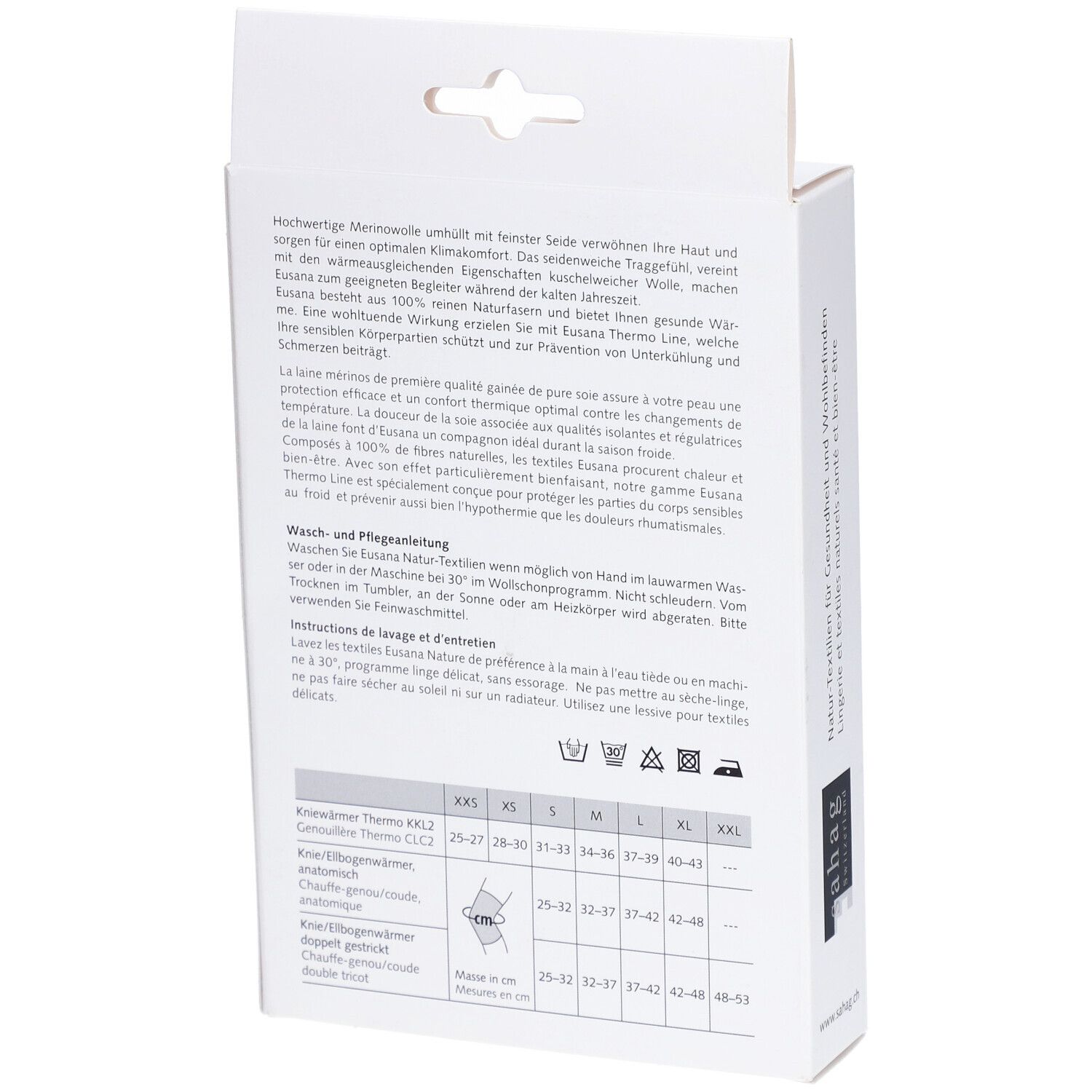 Dos de l'emballage. Texte: Laine mérinos de qualité, instructions de lavage, tableau des tailles pour genouillère.