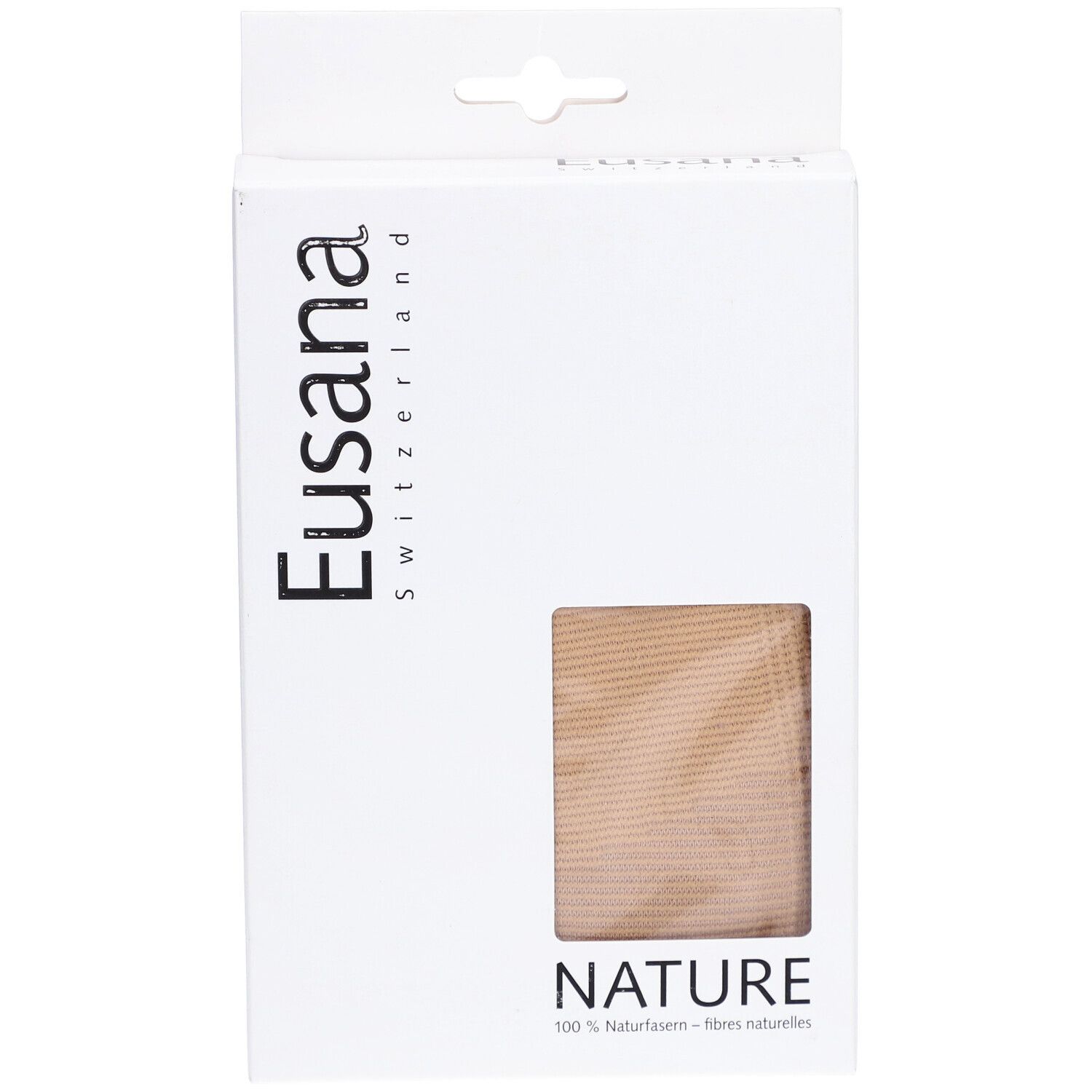 Emballage avec fenêtre. Marque Eusana, texte NATURE, 100% fibres naturelles. Produit beige visible.