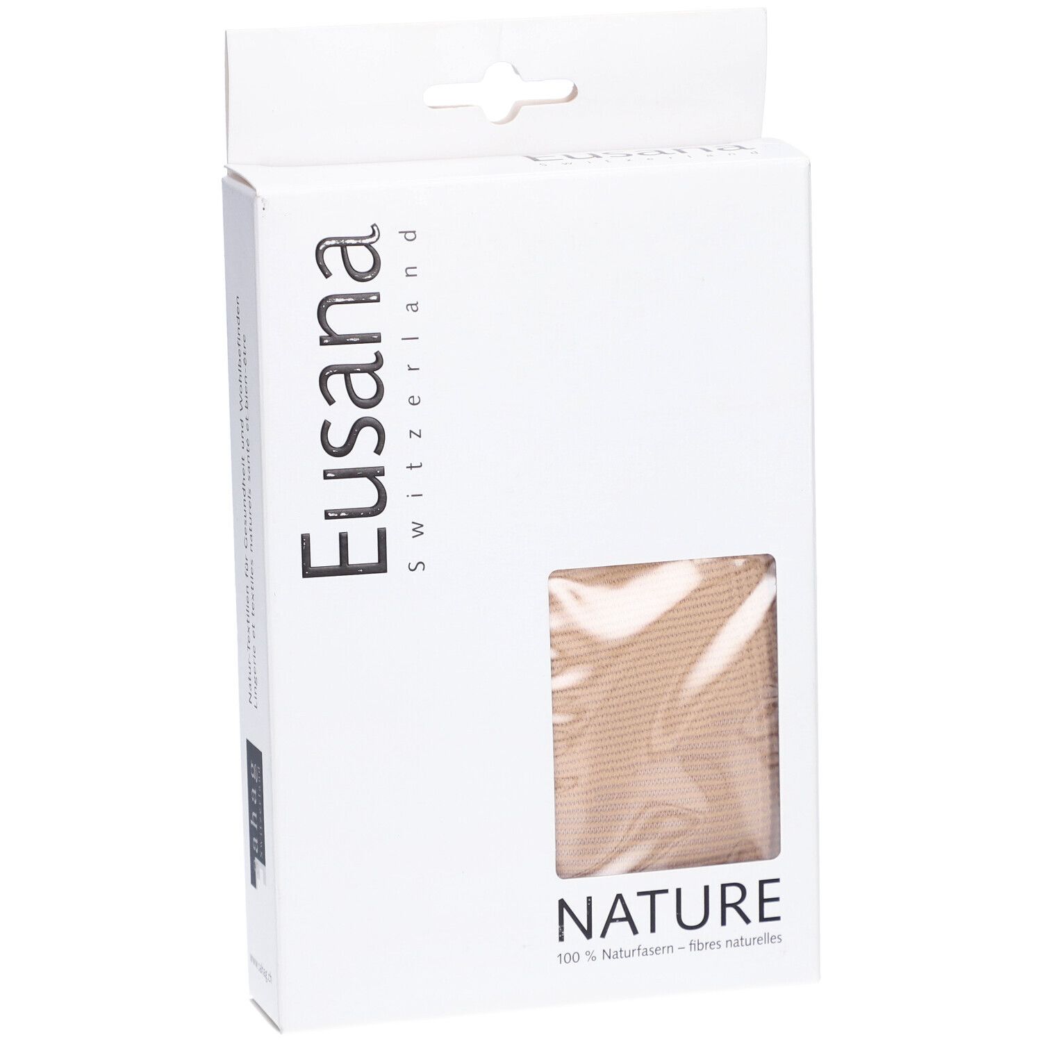 Emballage avec fenêtre. Marque Eusana, texte NATURE, 100% fibres naturelles. Produit beige visible.