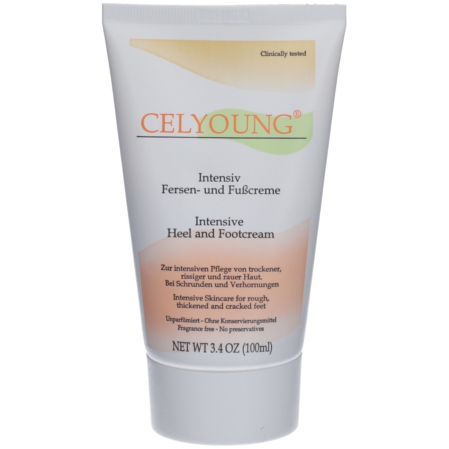 Celyoung Intensiv crème tube. Wit, met logo en tekst. "Intensiv Fersen- und Fußcreme".