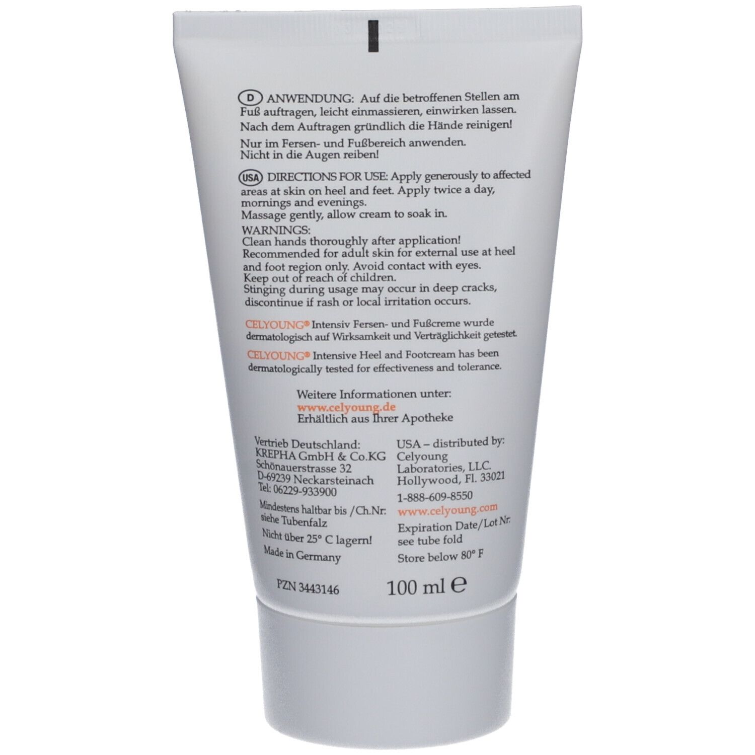 Achterkant van de Celyoung Intensiv crème tube. Tekst in het Duits en Engels. Instructies en ingrediënten.