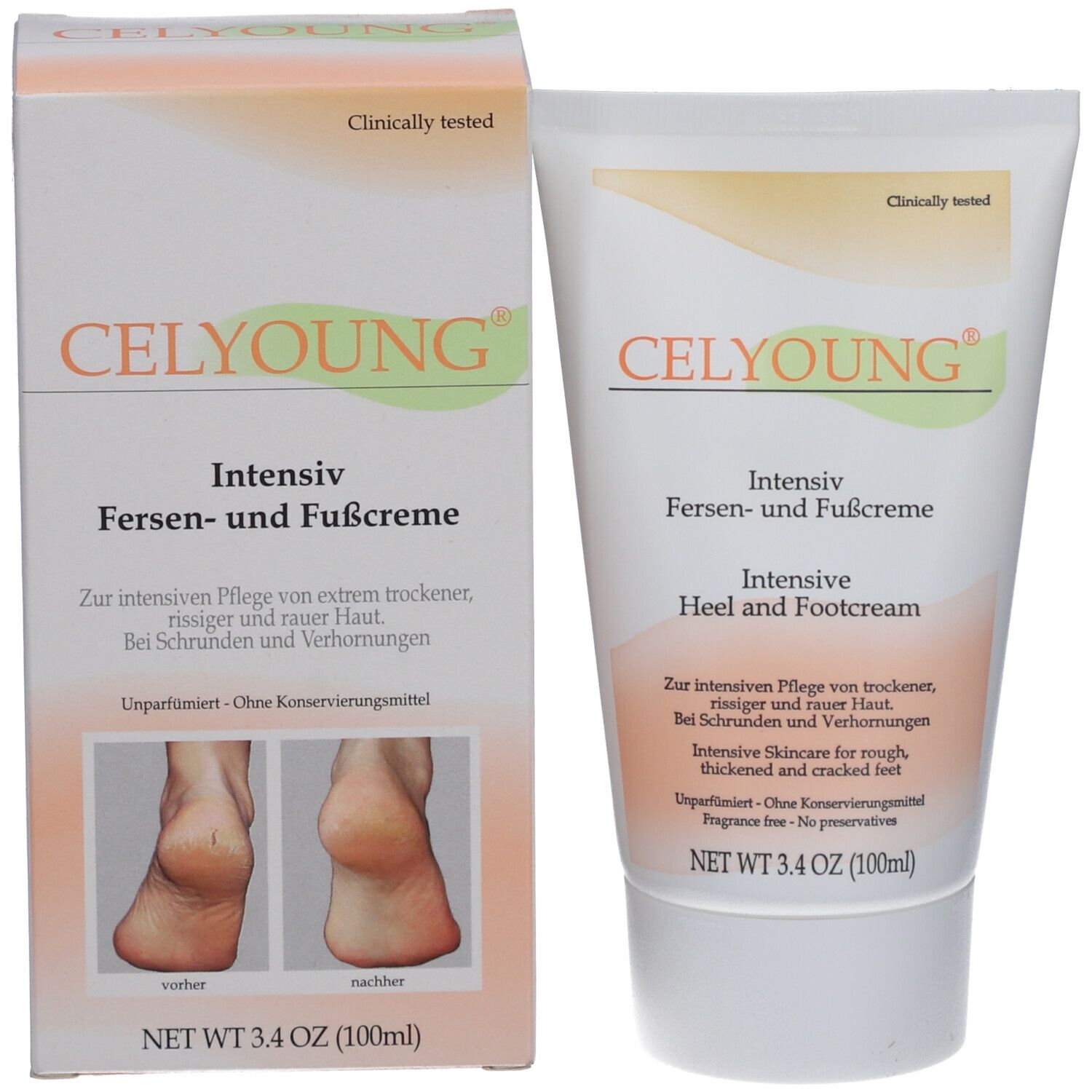 Celyoung Intensiv crème met verpakking. Tube en doos. "Intensiv Fersen- und Fußcreme".