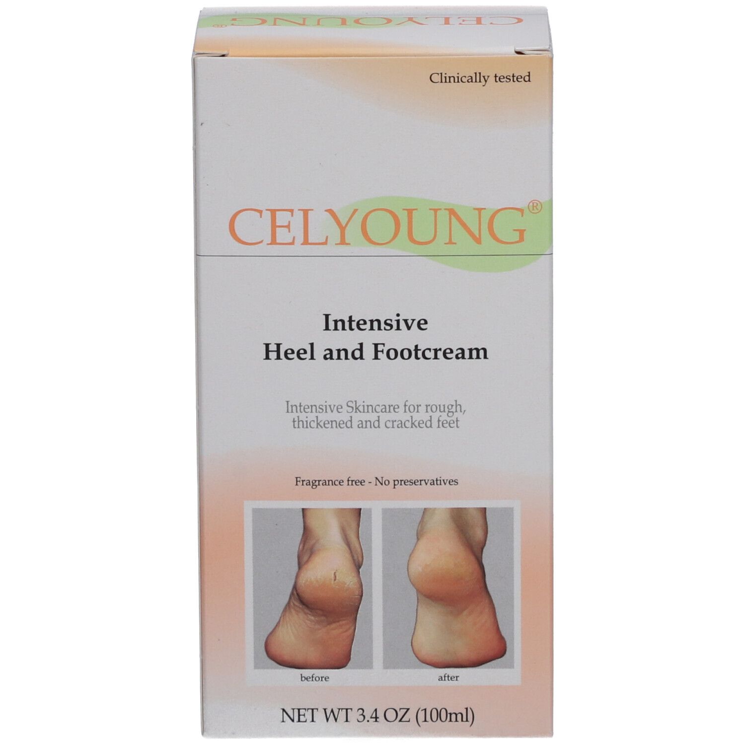 Celyoung Intensiv crème verpakking. Voorkant met productnaam en afbeeldingen van voeten.