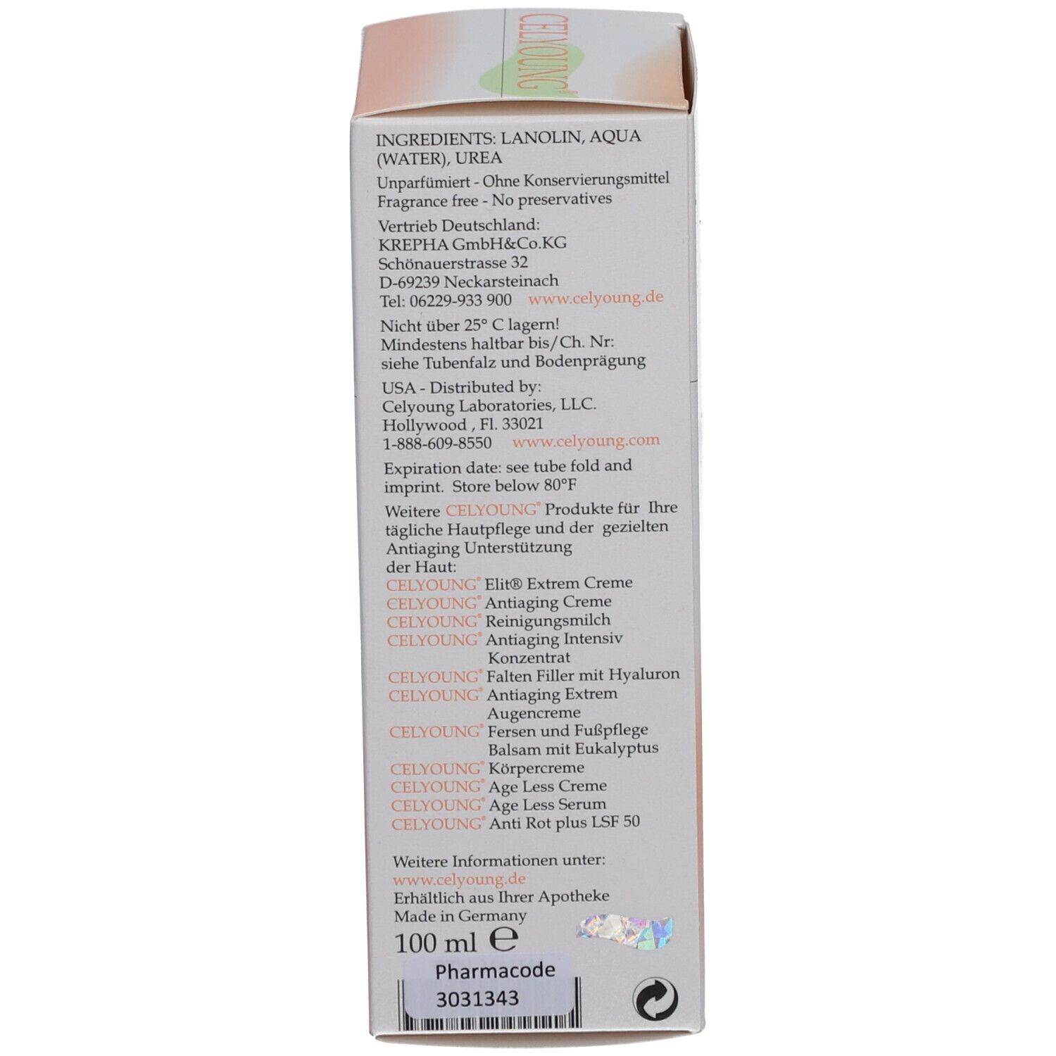 Celyoung Intensiv crème verpakking. Zijkant met ingrediënten, fabrikant informatie en batchnummer.