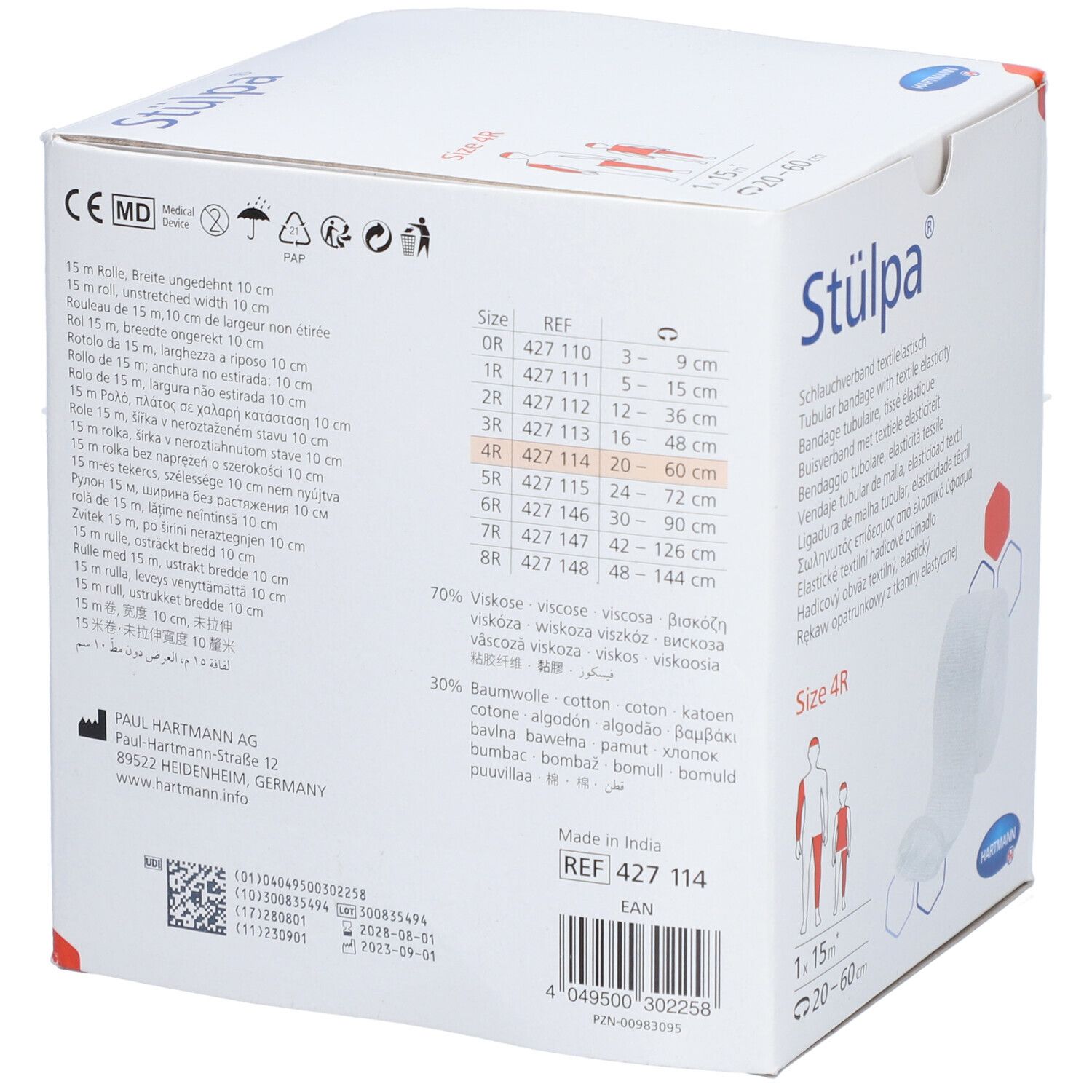 Achterkant van de Stülpa® verpakking. Informatie over maat, materiaal en fabrikant.