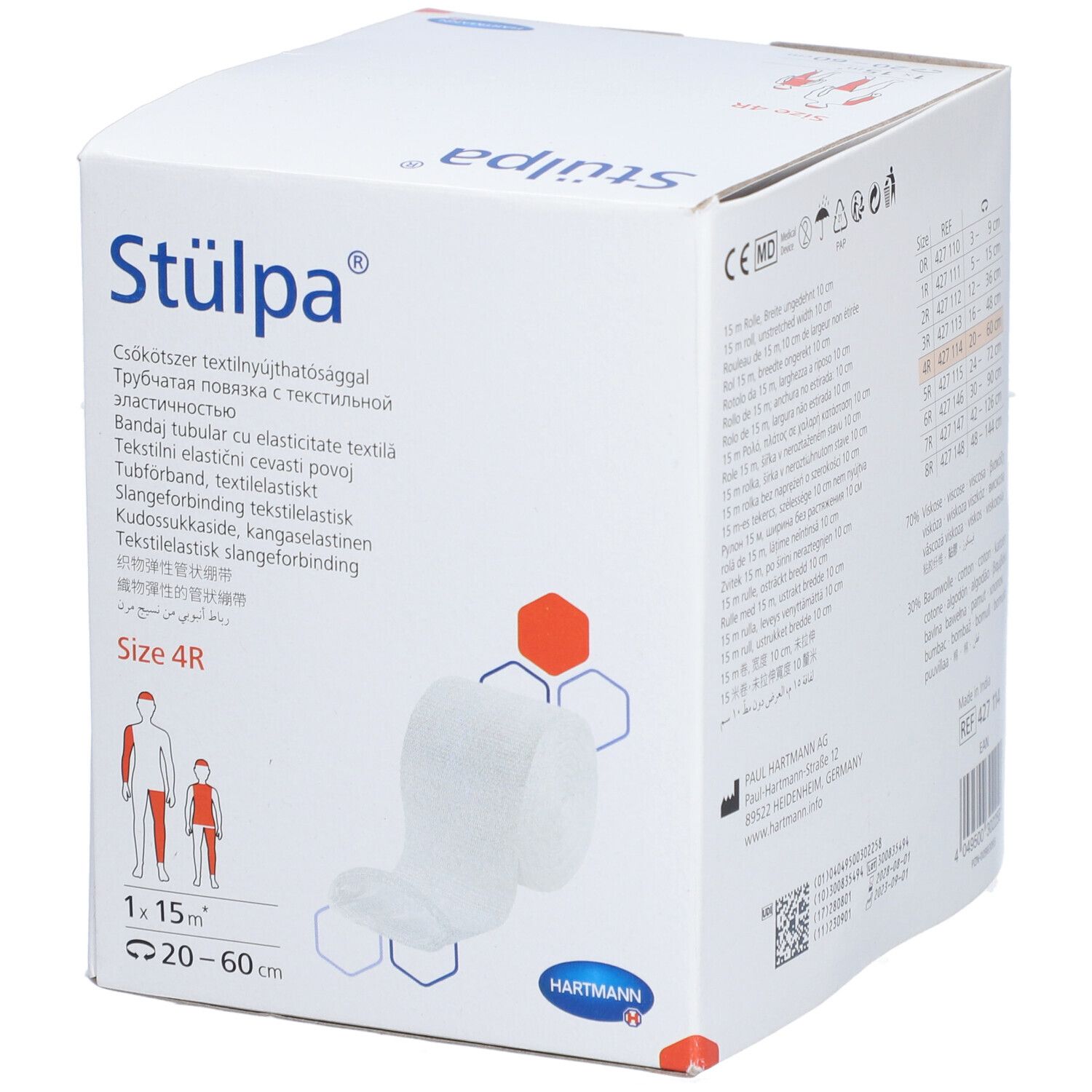 Verpakking van Stülpa® buisverband, maat 4R. Bevat een rol. Fabrikant: HARTMANN.