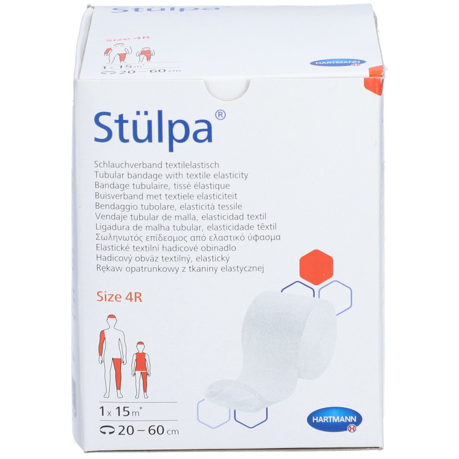 Verpakking van Stülpa® buisverband, maat 4R. Bevat een rol. Fabrikant: HARTMANN.