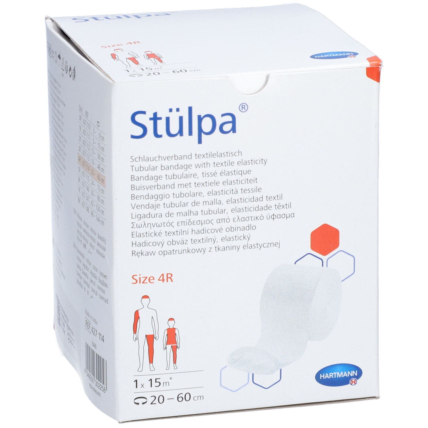 Verpakking van Stülpa® buisverband, maat 4R. Bevat een rol. Fabrikant: HARTMANN.