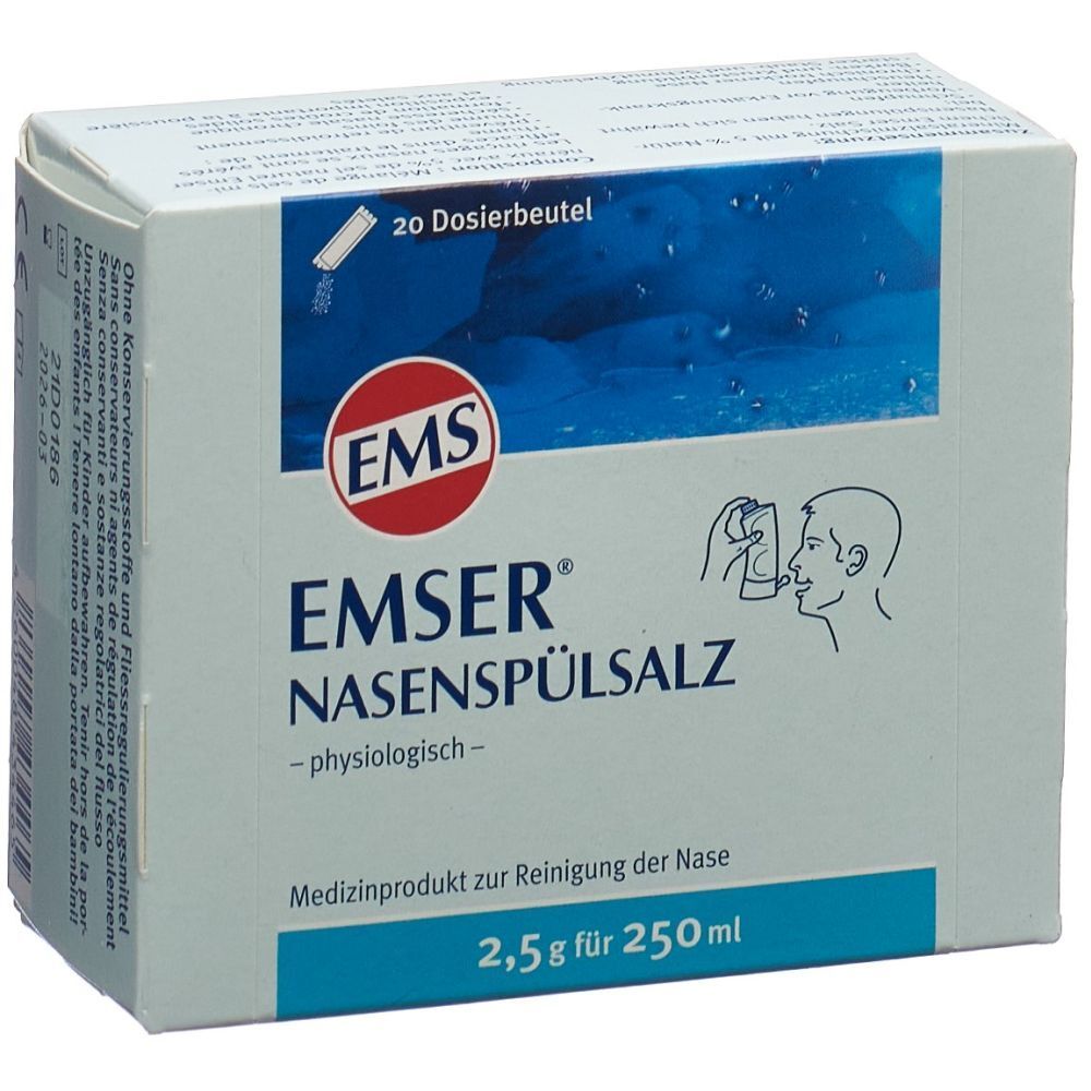 Boîte blanche EMSER pour rinçage nasal. Inscription: 20 sachets, logo, nom du produit, schéma d'utilisation, 2,5g pour 250ml.