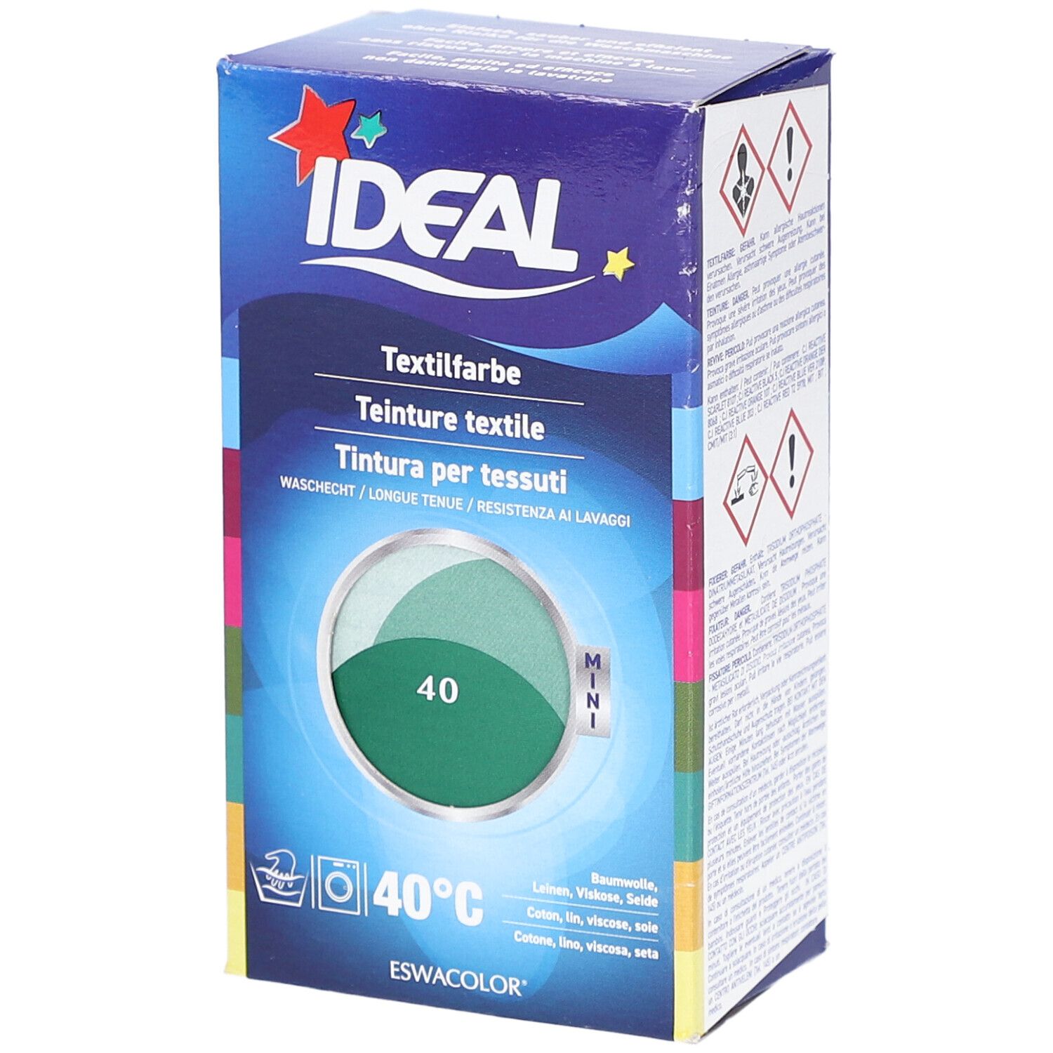 Boîte de teinture textile IDEAL. Cercle vert avec le numéro 40. Lavage à 40°C. Pour coton, lin, viscose et soie. Mini format.