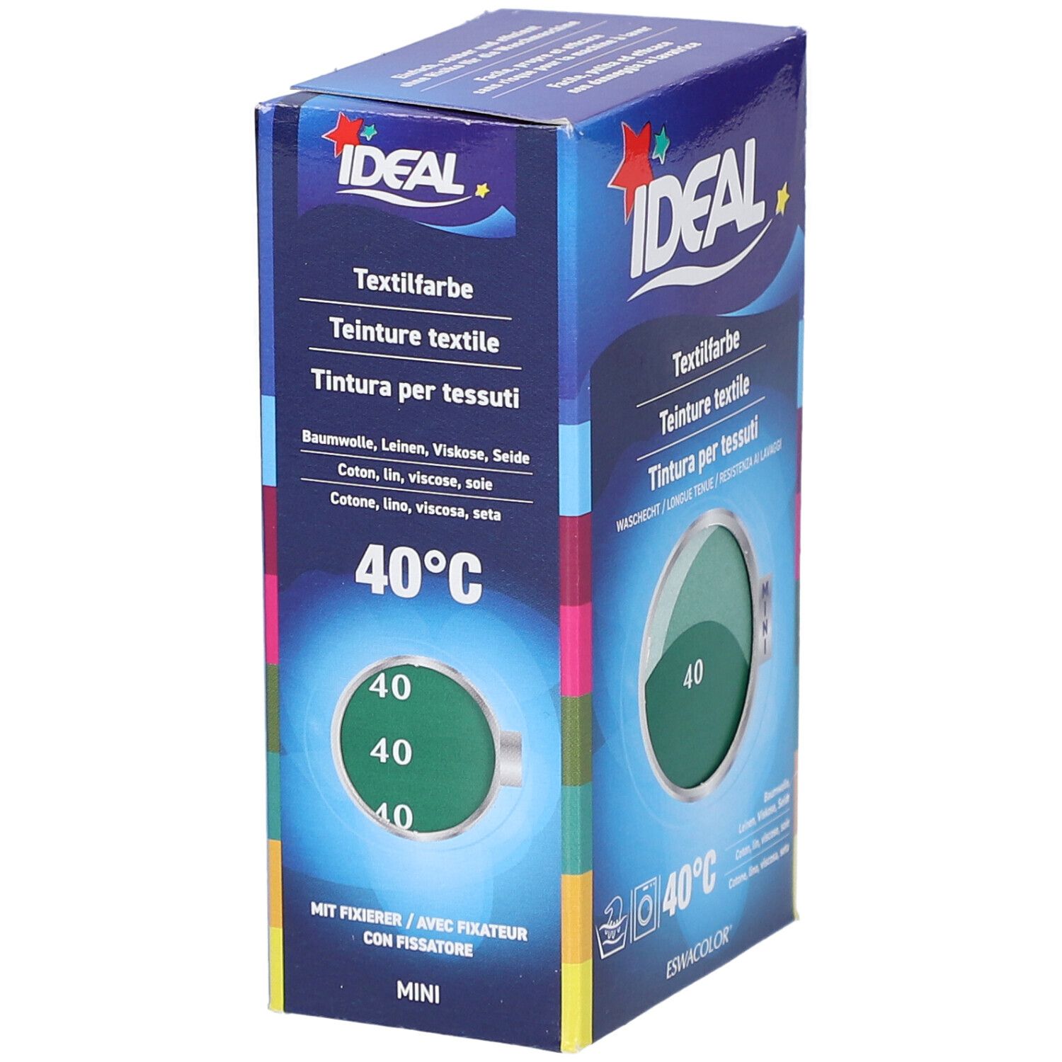 Boîte de teinture textile IDEAL. Cercle vert avec le numéro 40. Lavage à 40°C. Mini format. Pour coton, lin, viscose et soie.