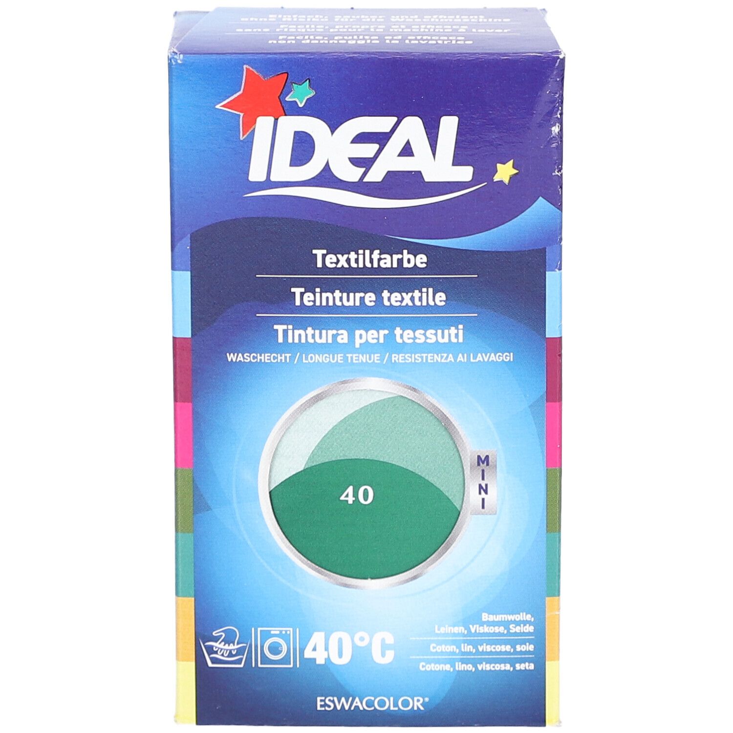 Boîte de teinture textile IDEAL. Cercle vert avec le numéro 40. Lavage à 40°C. Pour coton, lin, viscose et soie. Mini format.
