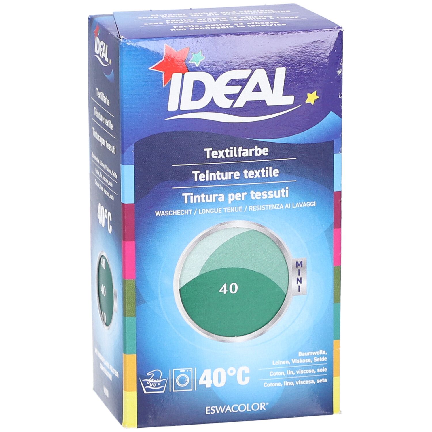 Boîte de teinture textile IDEAL. Cercle vert avec le numéro 40. Lavage à 40°C. Pour coton, lin, viscose et soie. Mini format.
