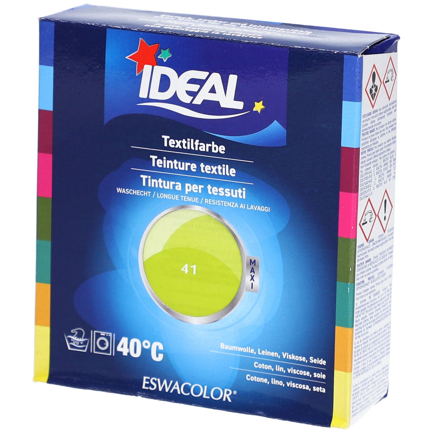 Verpakking IDEAL Textielverf, Anisgrün 41. Opschriften: IDEAL, textielverf, 40°C, ESWACOLOR. Kleurencirkel met kleurnummer 41.