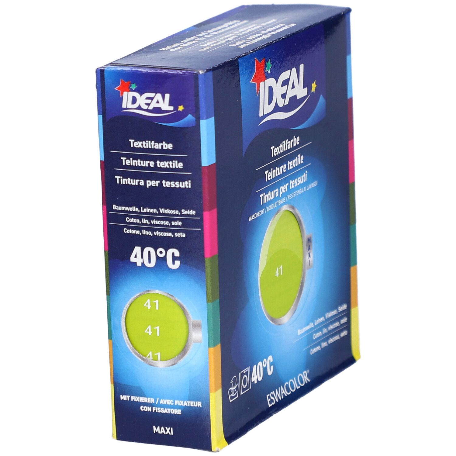 Verpakking IDEAL Textielverf, Anisgrün 41. Opschriften: IDEAL, textielverf, 40°C, ESWACOLOR. Kleurencirkel met kleurnummer 41. Maxi.