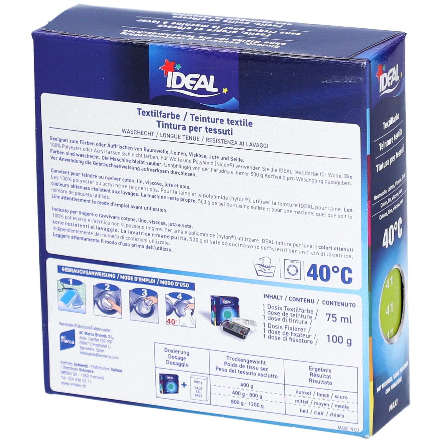 Achterkant van de IDEAL textielverfverpakking. Opschriften: textielverf, 40°C, inhoud, gebruiksaanwijzing, waarschuwingen.
