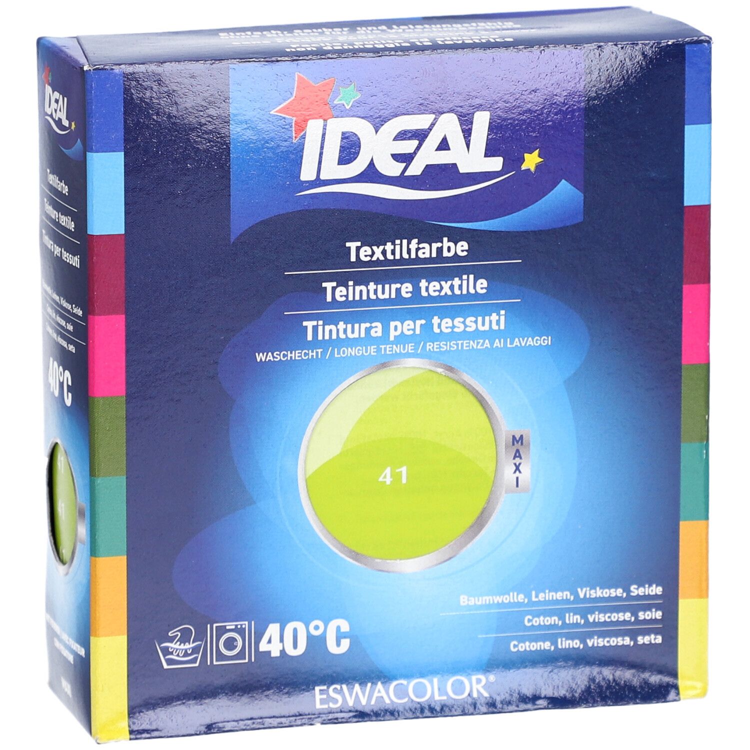 Verpakking IDEAL Textielverf, Anisgrün 41. Opschriften: IDEAL, textielverf, 40°C, ESWACOLOR. Kleurencirkel met kleurnummer 41. Maxi.