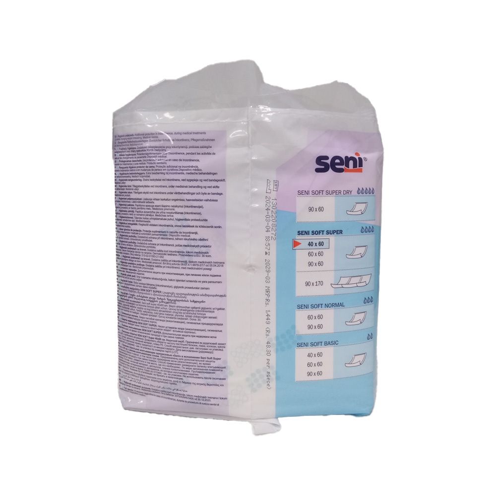Achterkant van de Seni Soft Super onderleggers verpakking. Maatindicaties en merk Seni.