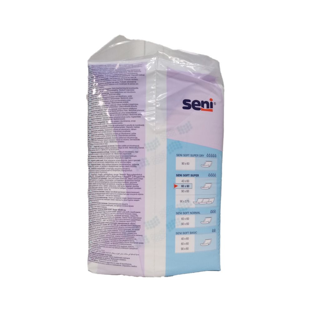 Dos de l'emballage SENI Soft Super Bettschutz. Texte multilingue. Aperçu du produit. Logo SENI. Informations sur l'emballage.