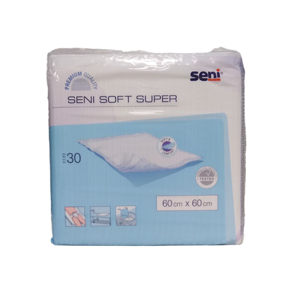 Emballage SENI Soft Super Bettschutz. 30 unités, 60x60cm. Produit sur fond bleu. Logo SENI et label de qualité.
